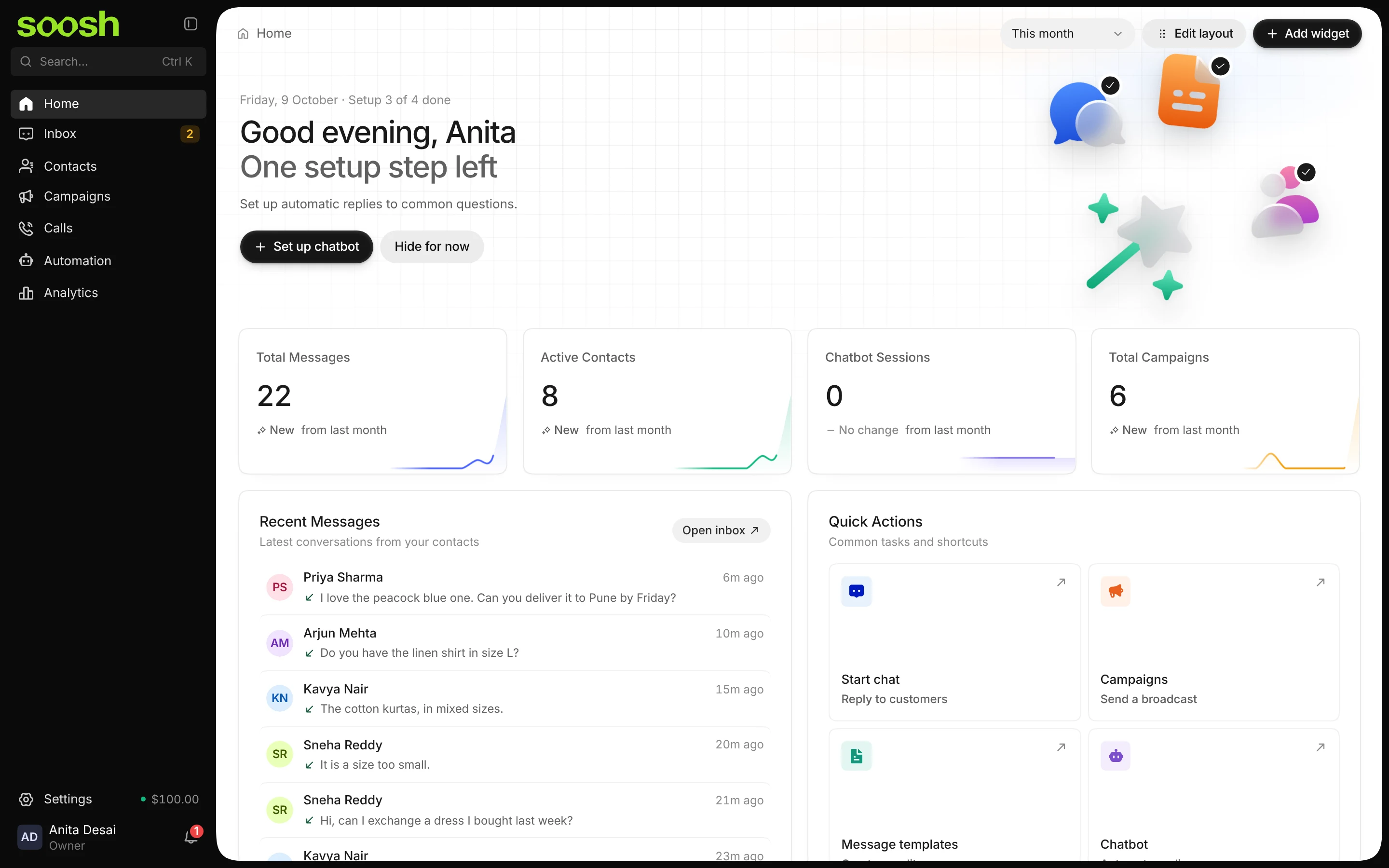 The Home dashboard: 22 messages, 8 active contacts, 0 chatbot sessions and 1 campaign this month, with recent messages and quick actions below