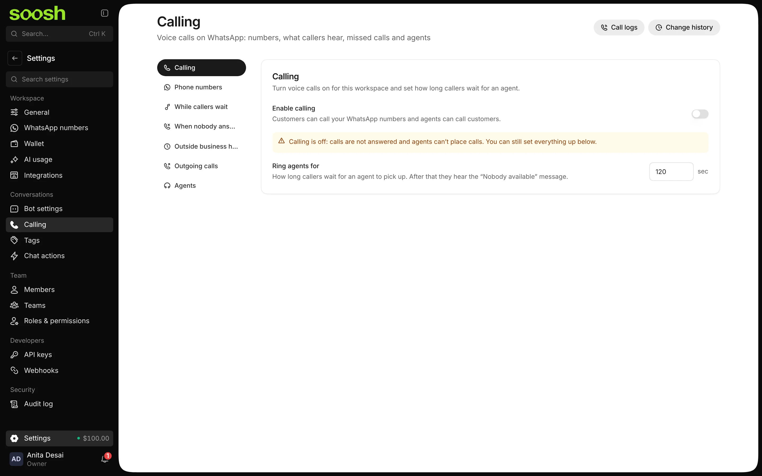 The Calling settings: Enable calling, Ring agents for 120 seconds, and the side menu with Phone numbers, While callers wait, When nobody answers, Outside business hours, Outgoing calls and Agents