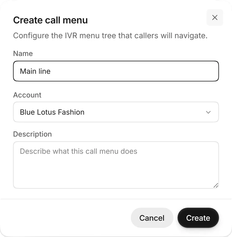 The Create call menu window with the name Main line and the account Blue Lotus Fashion
