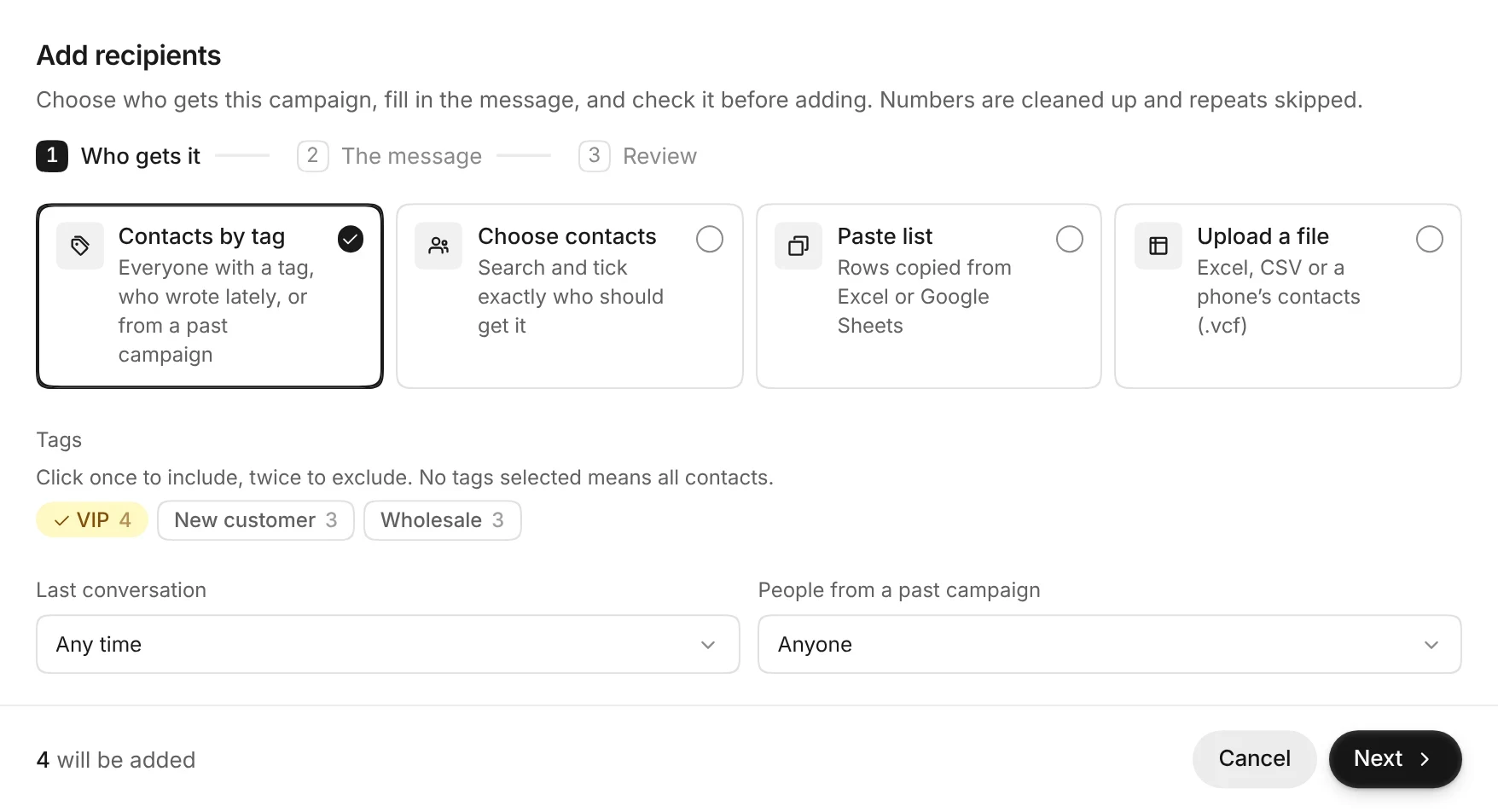 The Add recipients window with Contacts by tag chosen and the VIP tag selected: 4 will be added