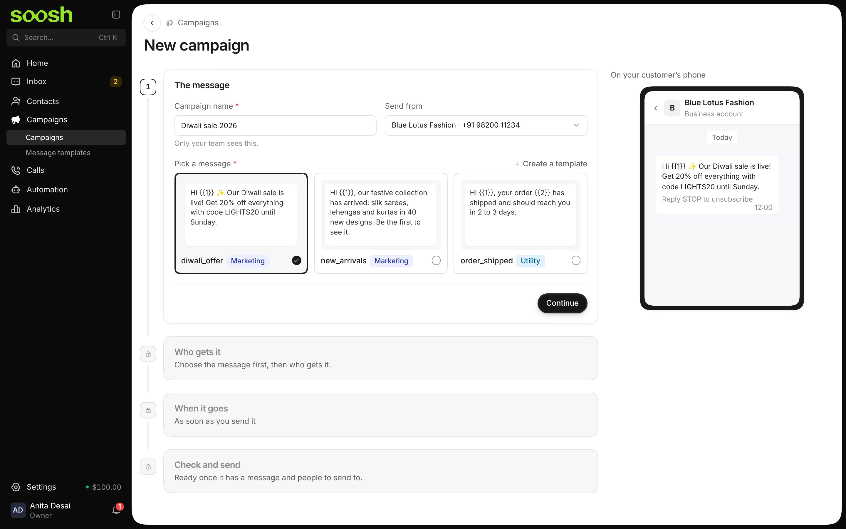 The new campaign Diwali sale 2026 with the diwali_offer template chosen, and the message on a phone on the right