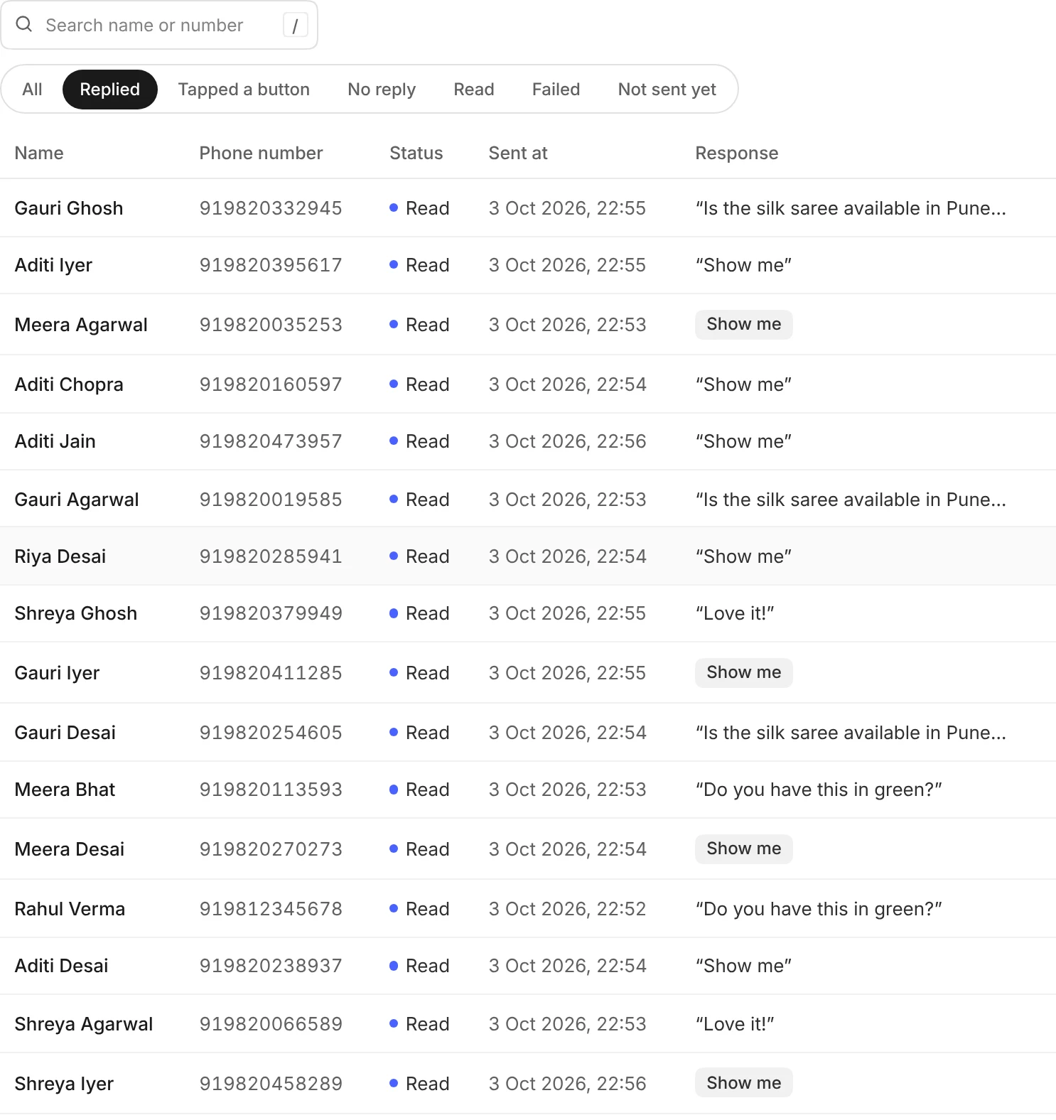 The recipients list filtered to Replied, showing each person's number, Read status, the time it was sent and what they replied or tapped