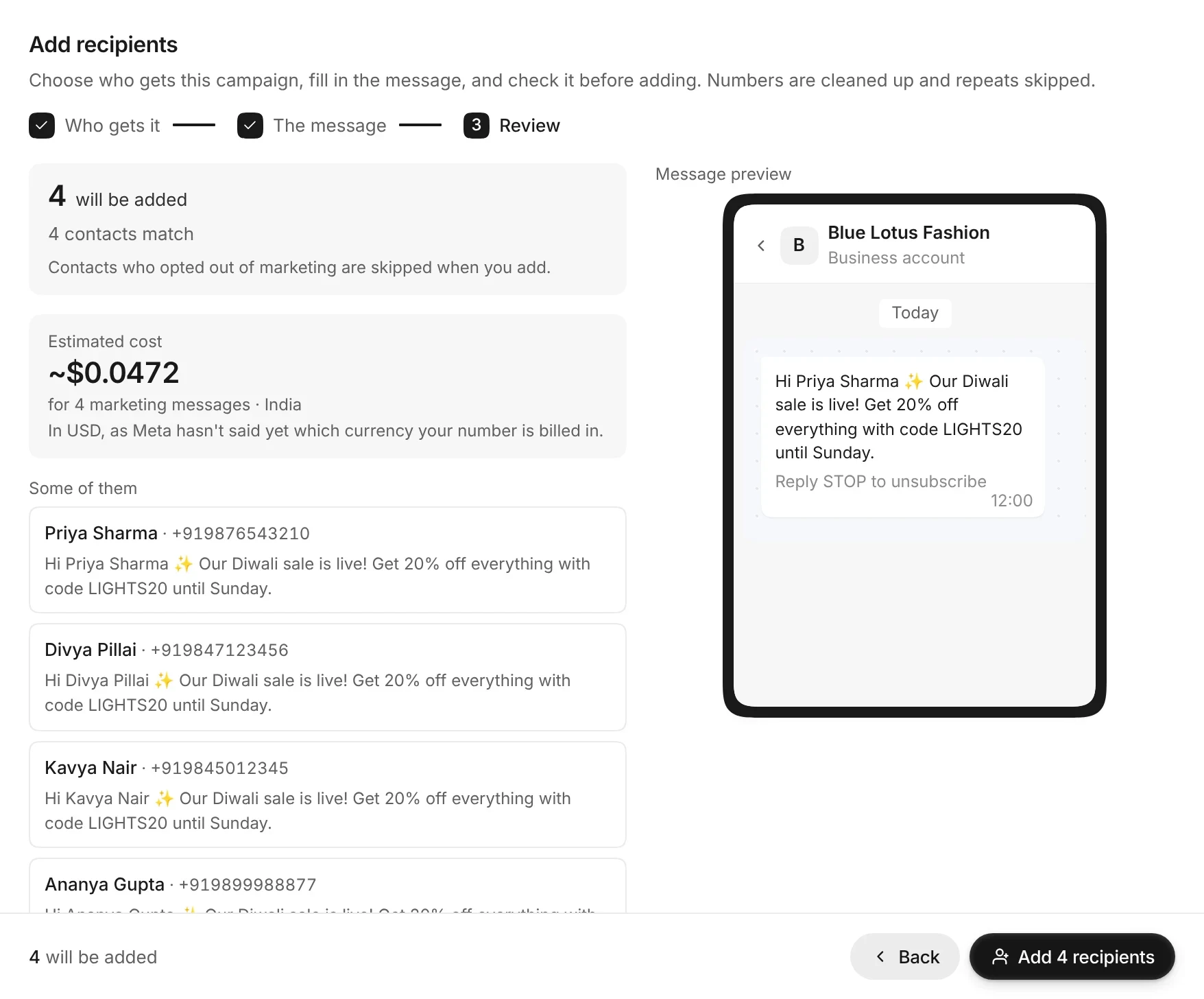 The review step of Add recipients: 4 VIP customers, the estimated cost, and each one's message with their name filled in