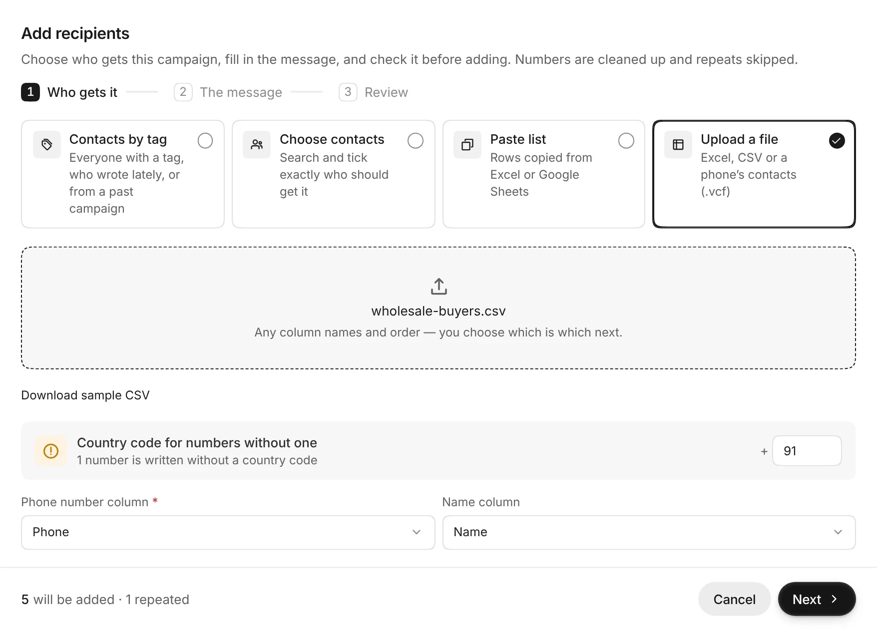 The Add recipients window with wholesale-buyers.csv uploaded: one number needs a country code, filled in as 91, the Phone and Name columns chosen, and 5 will be added with 1 repeated