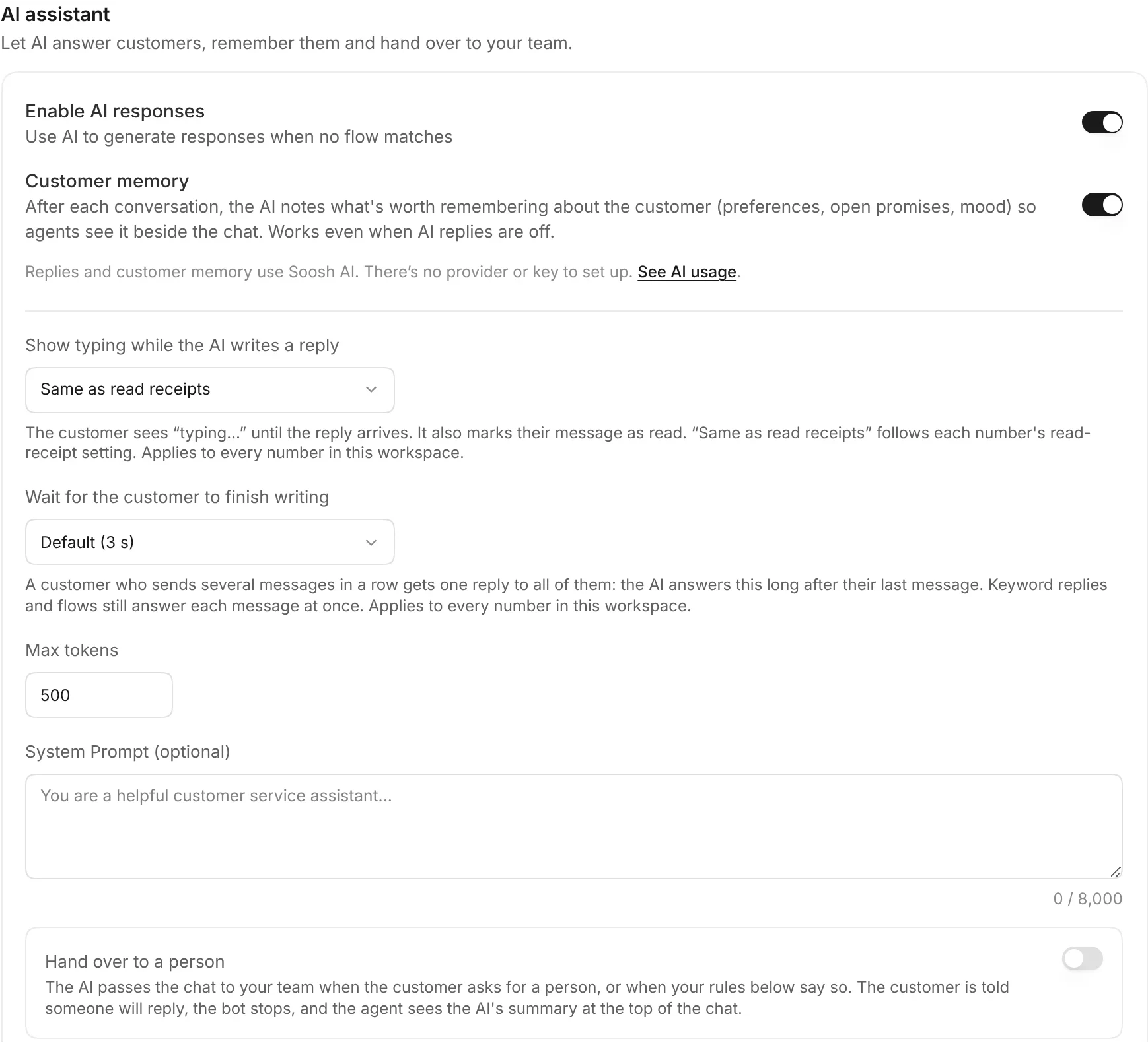 The AI assistant settings with Enable AI responses turned on and the Save button in the bar at the bottom
