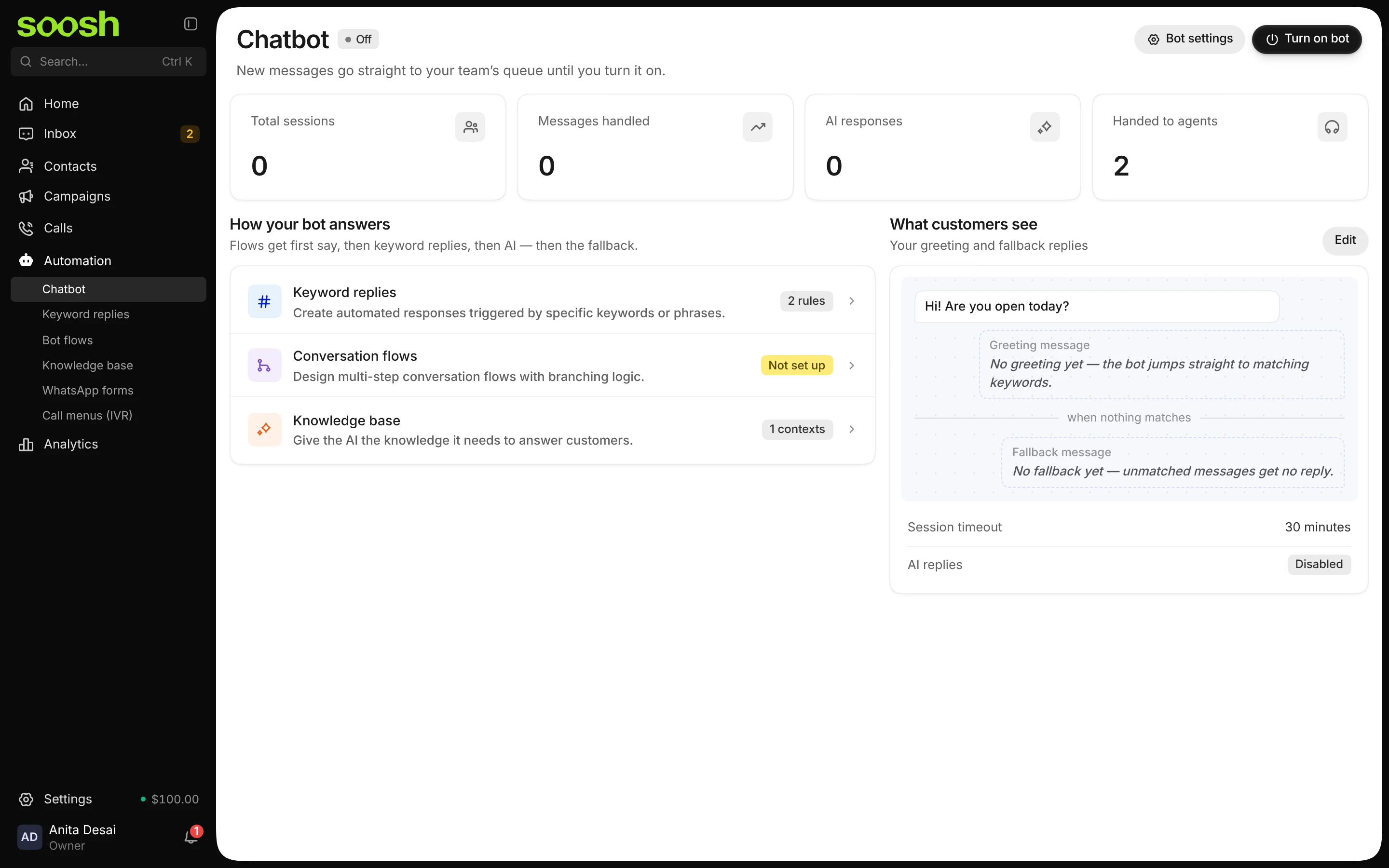 The Chatbot page, marked Off, with the Turn on bot button at the top right and the keyword replies and knowledge base listed