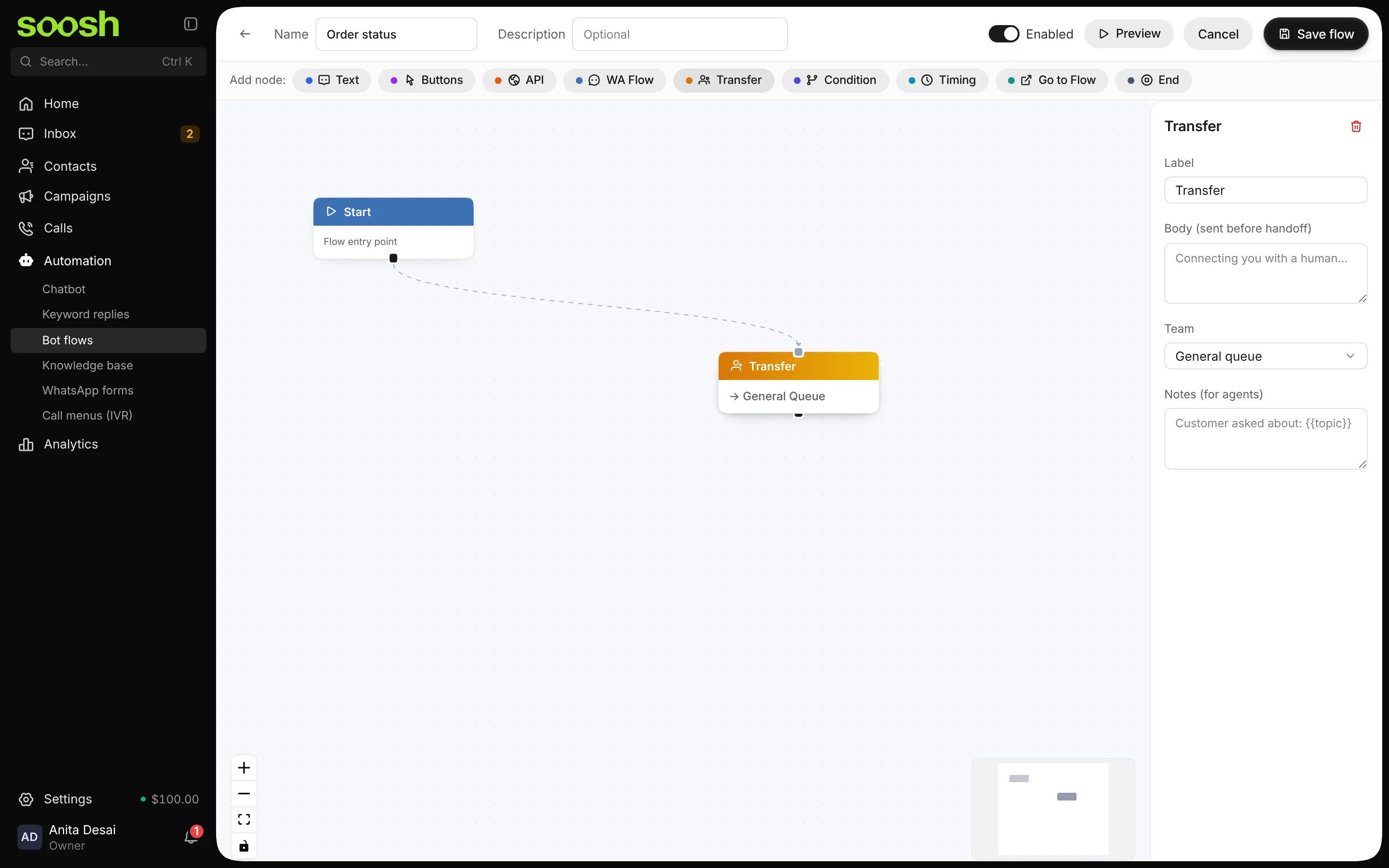The flow builder for Order status: the Add node bar, a Start step joined to a Transfer step, and the Transfer step's settings on the right
