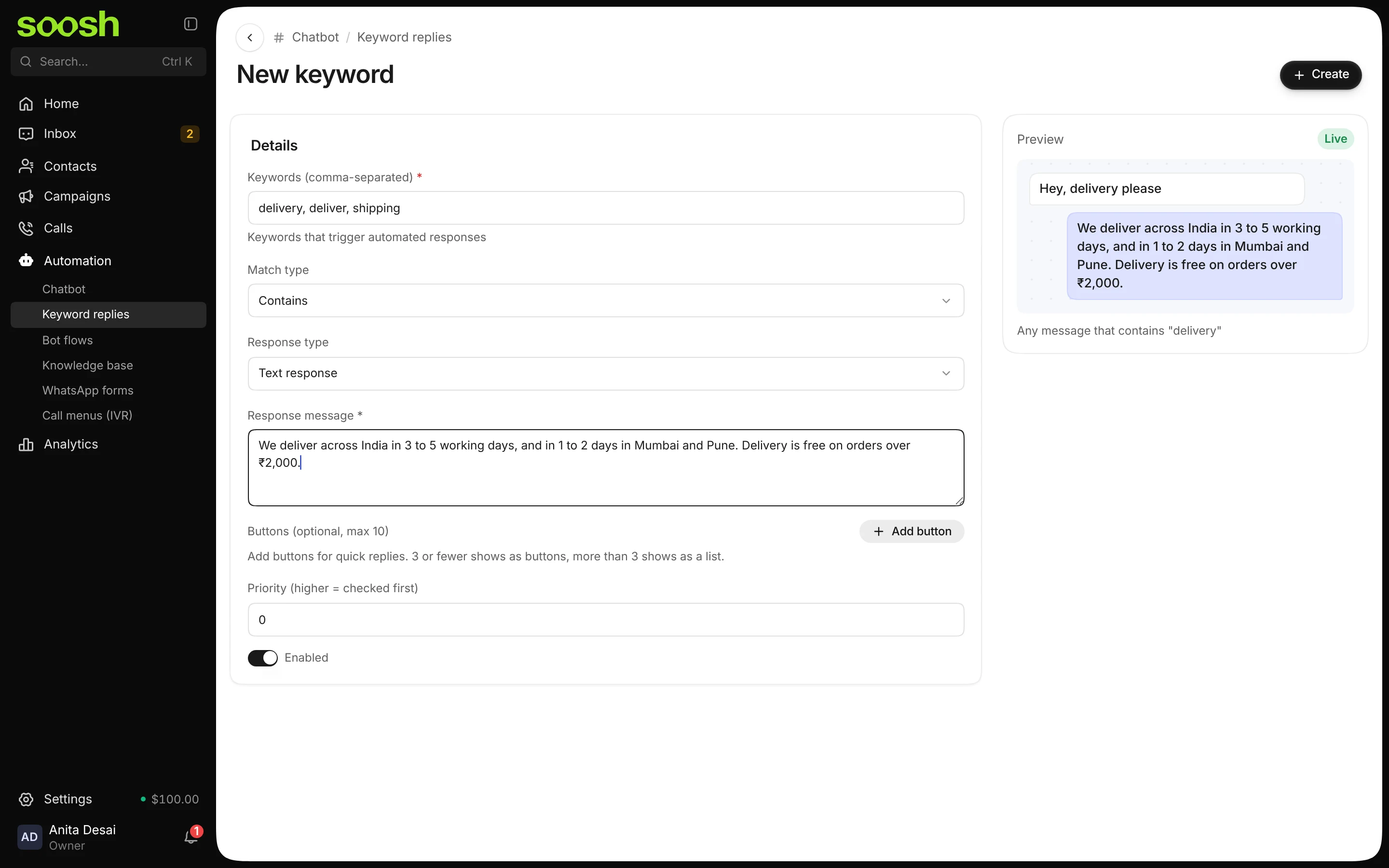 The New keyword page with the keywords delivery, deliver, shipping and the delivery answer, and a preview of a customer's message and the reply