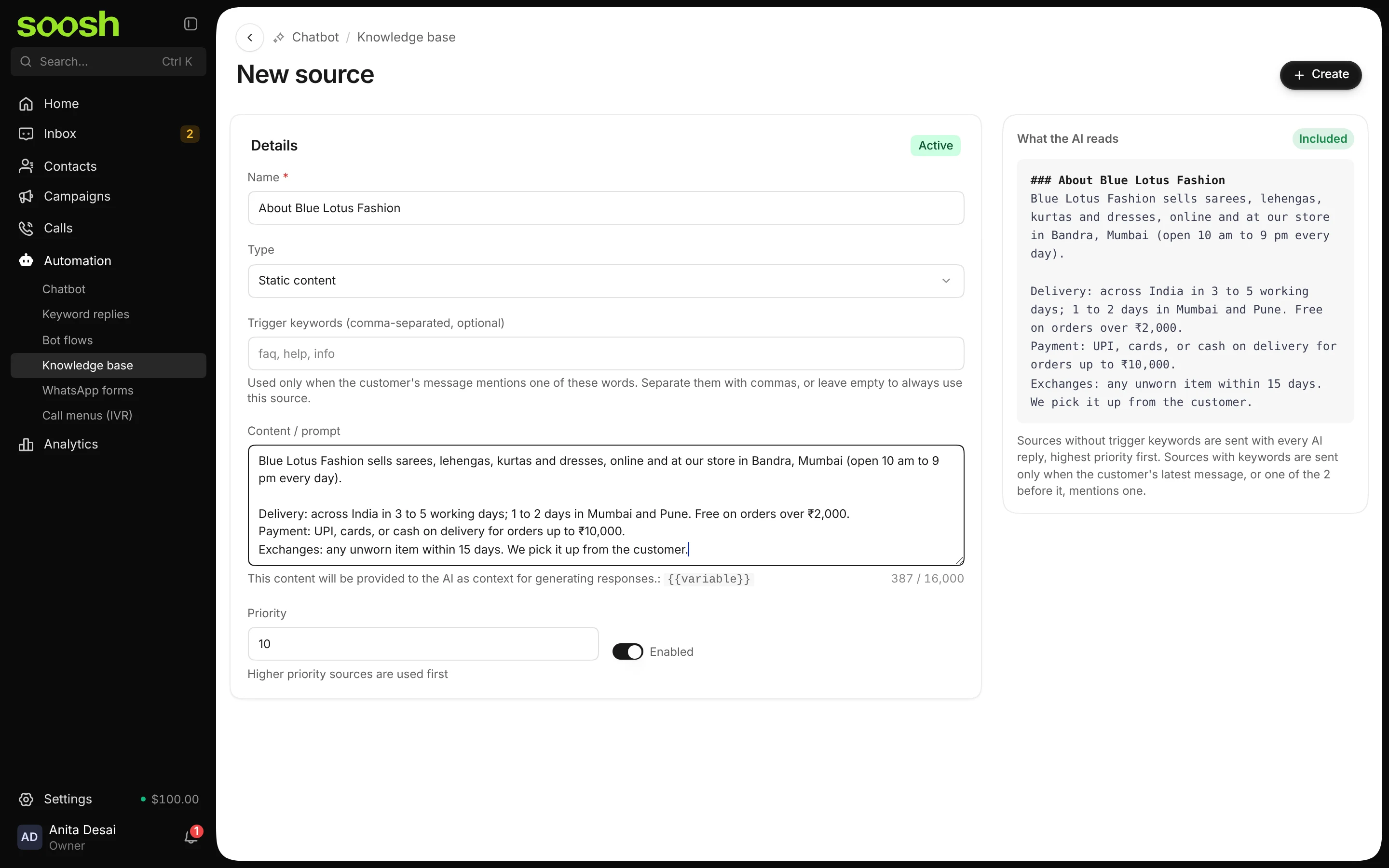 The New source page with facts about Blue Lotus Fashion's store, delivery, payment and exchanges, and on the right what the AI reads