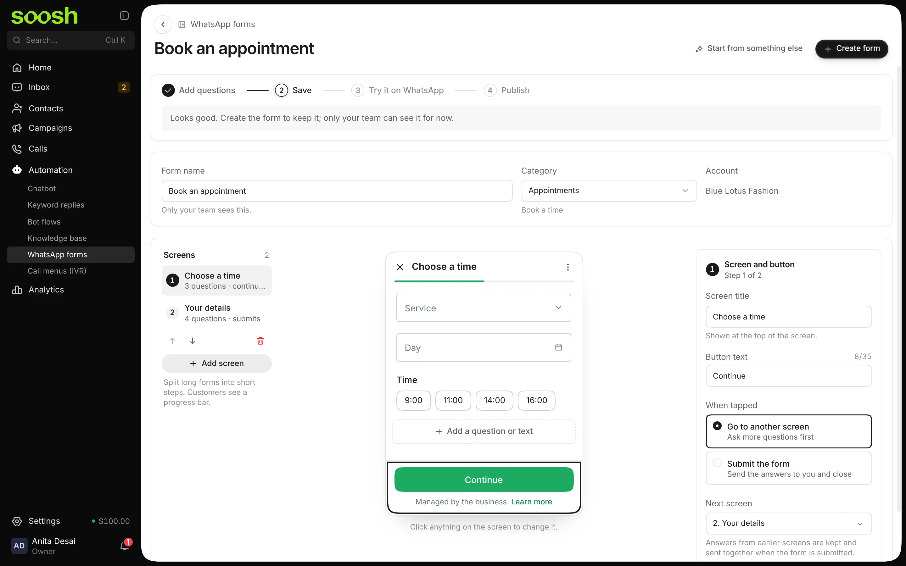 The Book an appointment form: two screens on the left, the Choose a time screen on a phone in the middle, and its title, button and next screen settings on the right