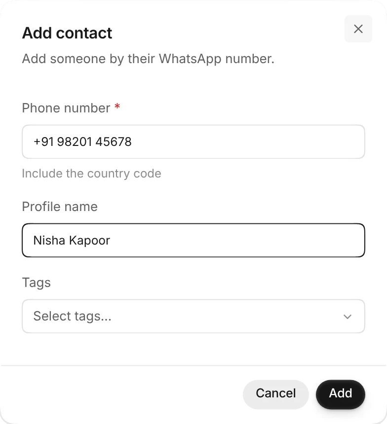The Add contact window with the phone number +91 98201 45678 and the name Nisha Kapoor