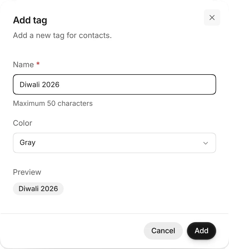 The Add tag window with the name Diwali 2026, the color Gray and a preview of the tag