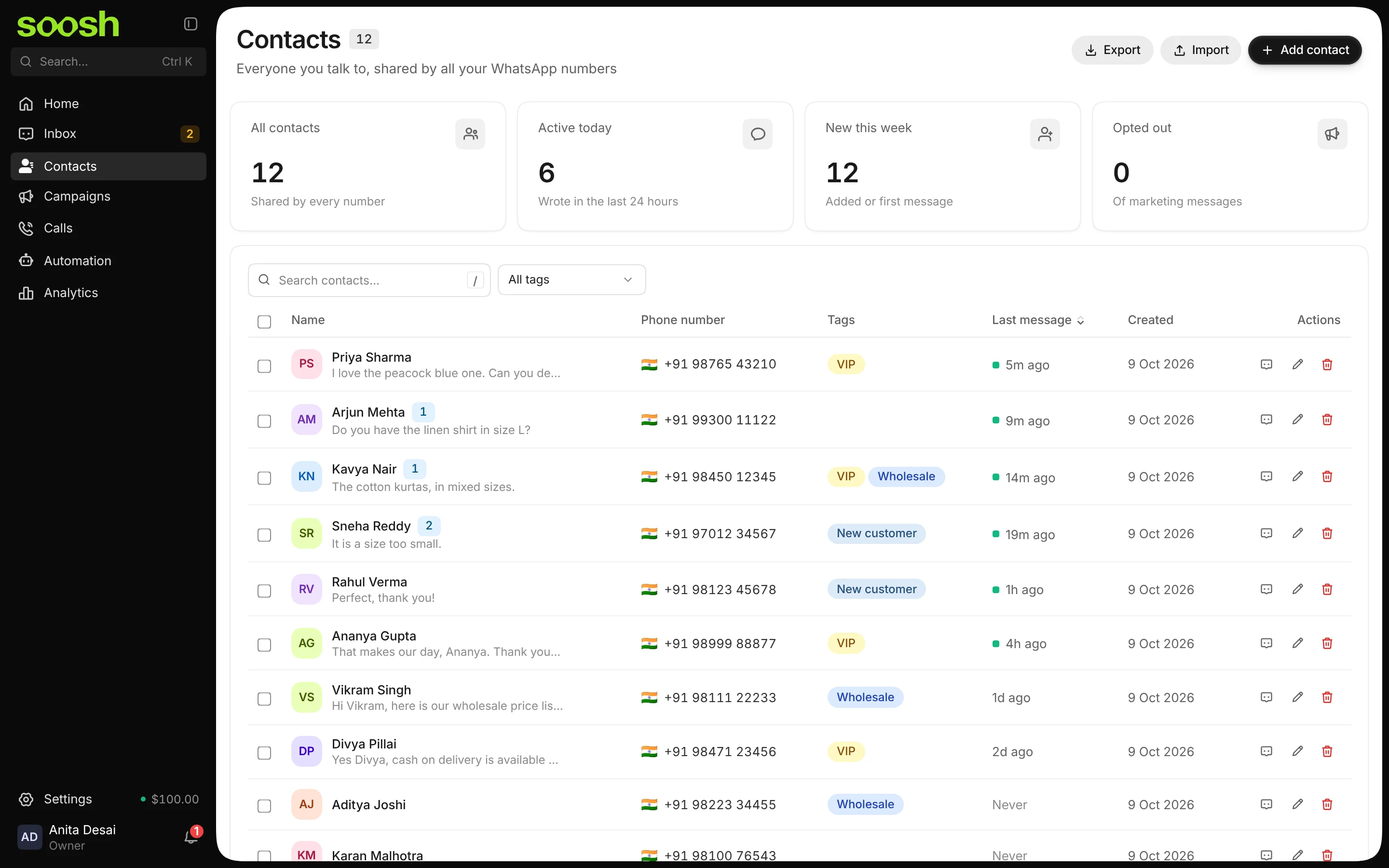 The Contacts list with each customer's number, tags like VIP, New customer and Wholesale, and the tick boxes on the left