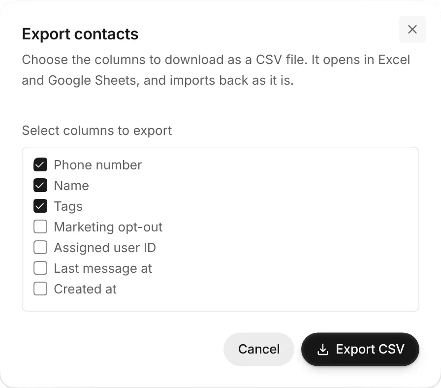 The Export contacts window with Phone number, Name and Tags ticked, and Marketing opt-out, Assigned user ID, Last message at and Created at not ticked