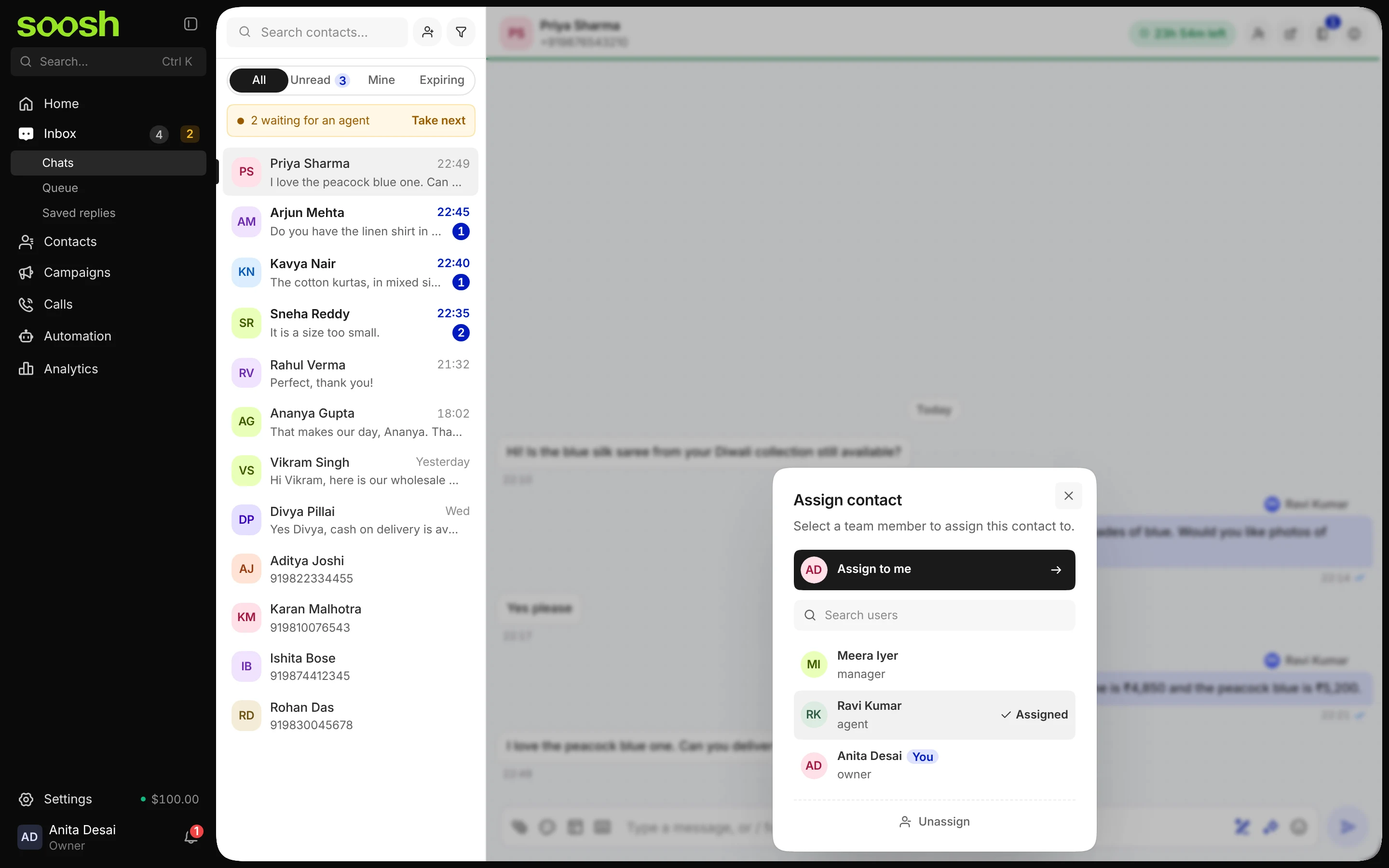 The Assign contact window over Priya Sharma's chat, with Assign to me at the top and Meera Iyer, Ravi Kumar (assigned) and Anita Desai listed