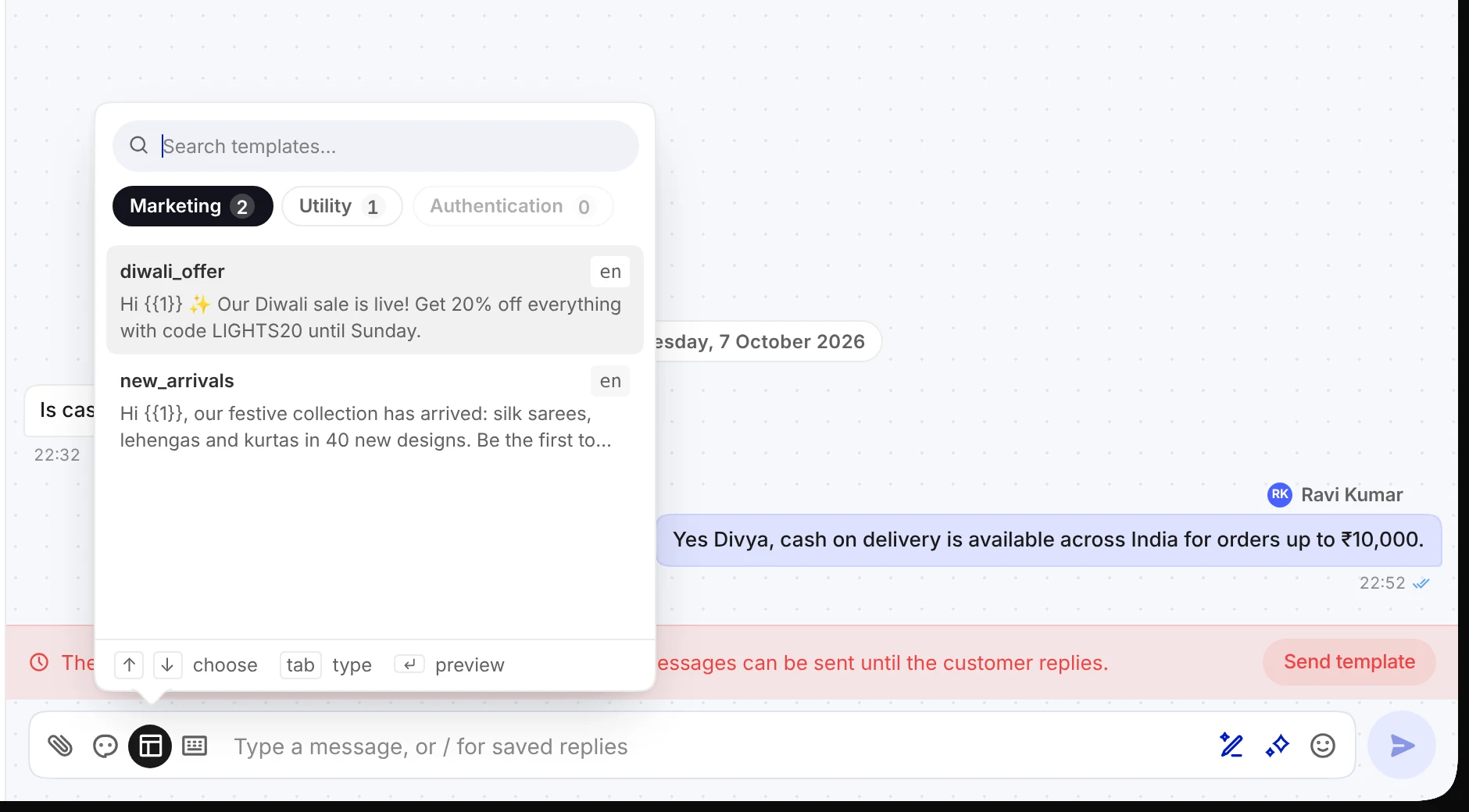 Divya Pillai's chat with the red 24-hour bar and Send template above the message box, and the list of approved templates open