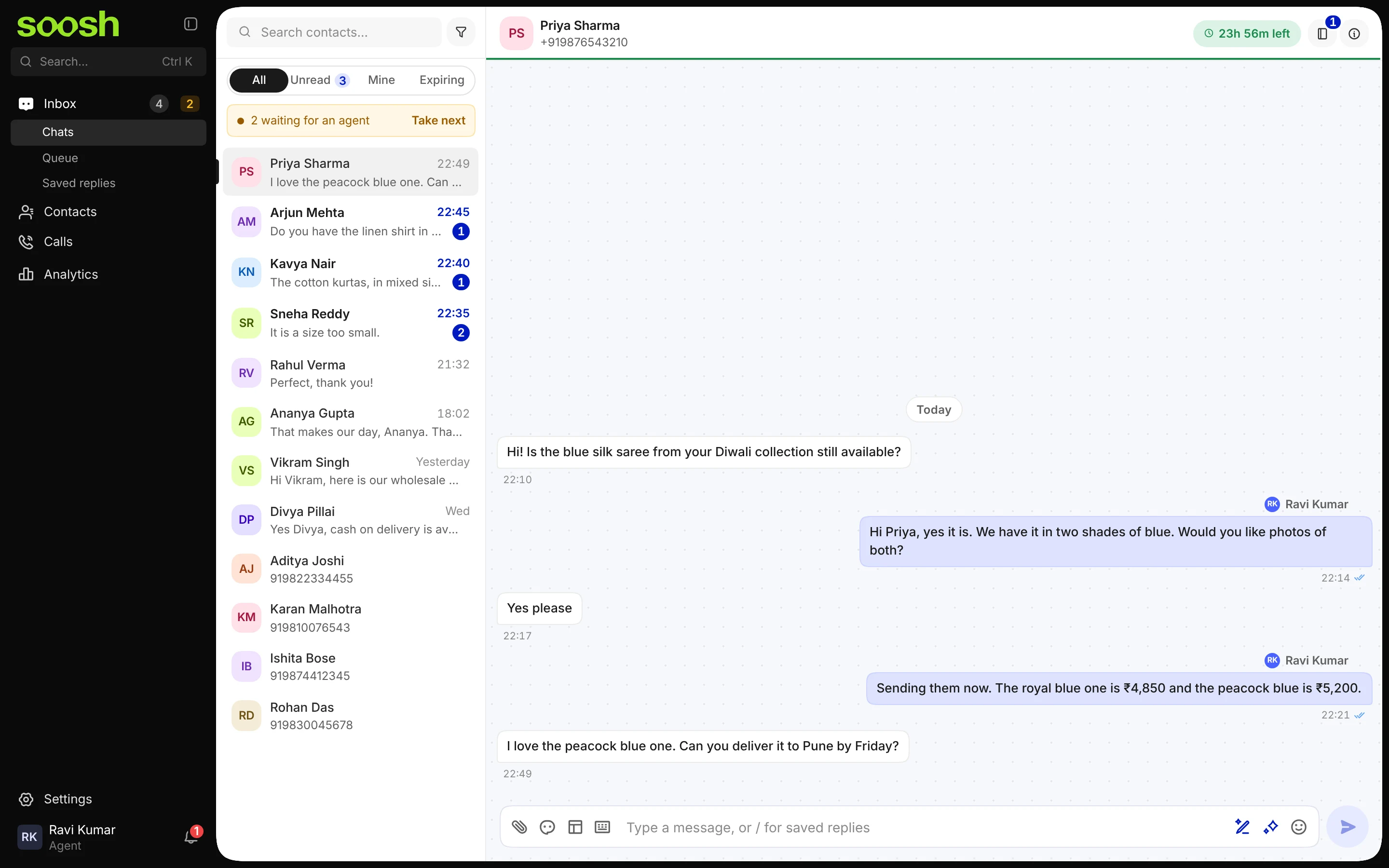 Priya Sharma's chat open in the inbox, with her latest question at the bottom and 23h 53m left shown at the top right