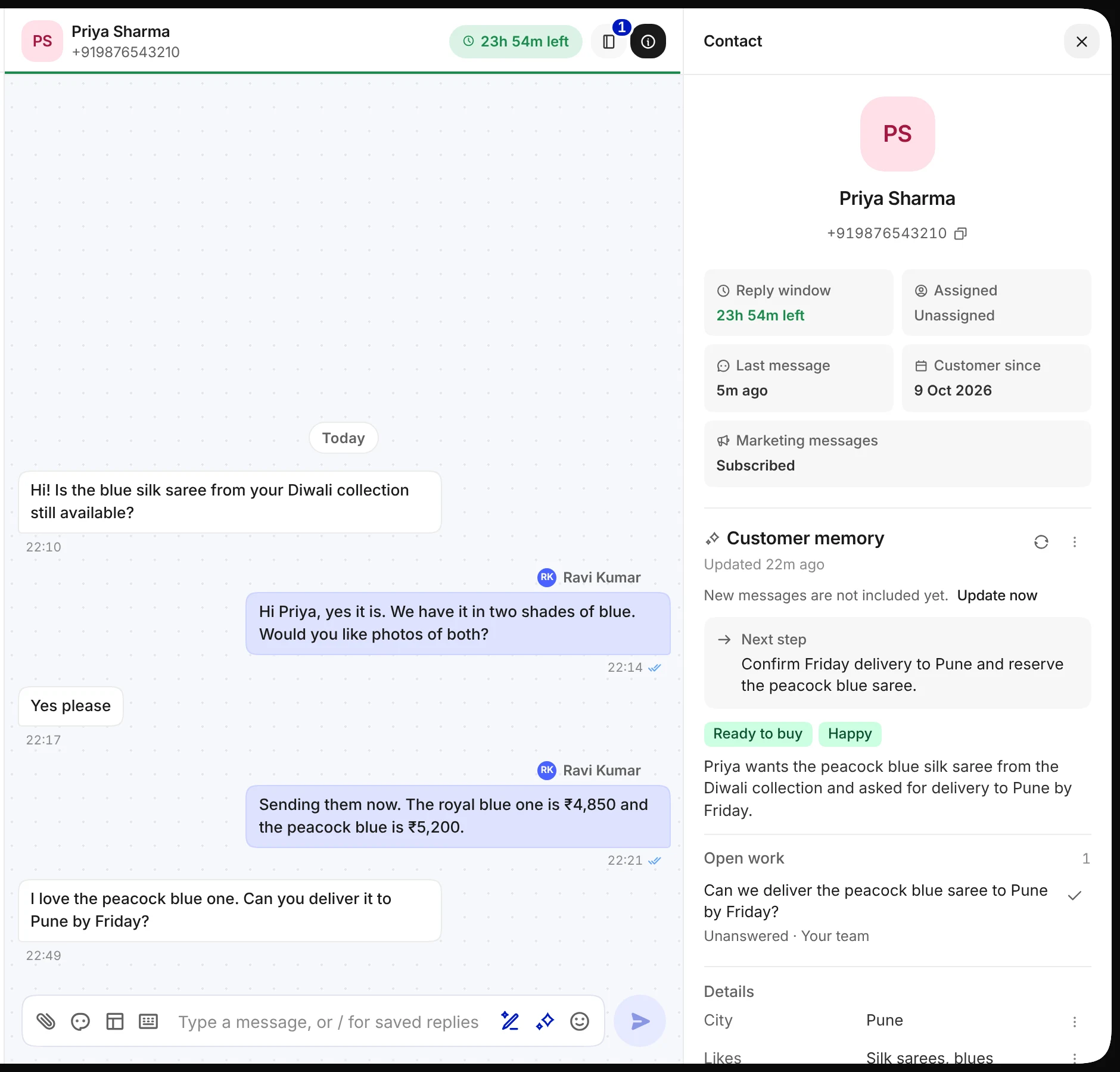 Priya Sharma's chat with the Contact panel open: Customer memory shows the next step, Ready to buy and Happy, a summary, one open question and her city
