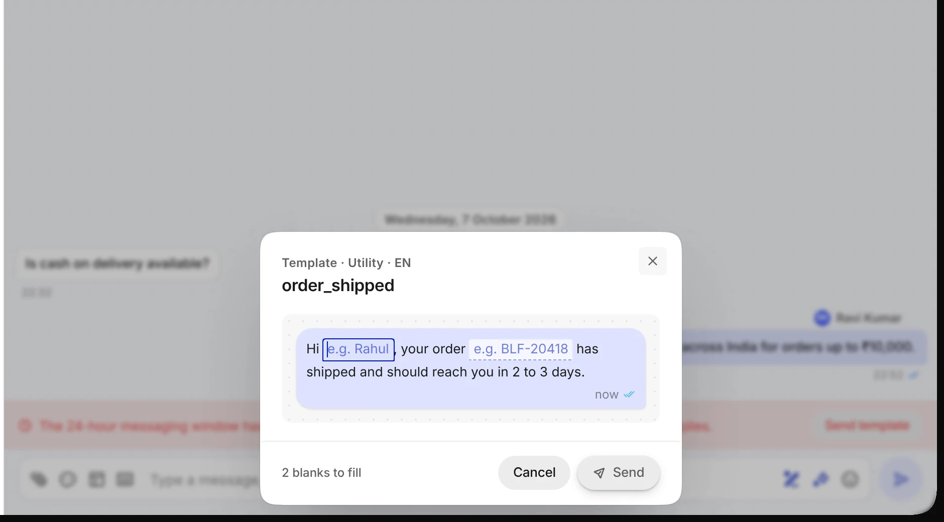 The template order_shipped open over Divya Pillai's chat, with two blanks to fill: the name and the order number