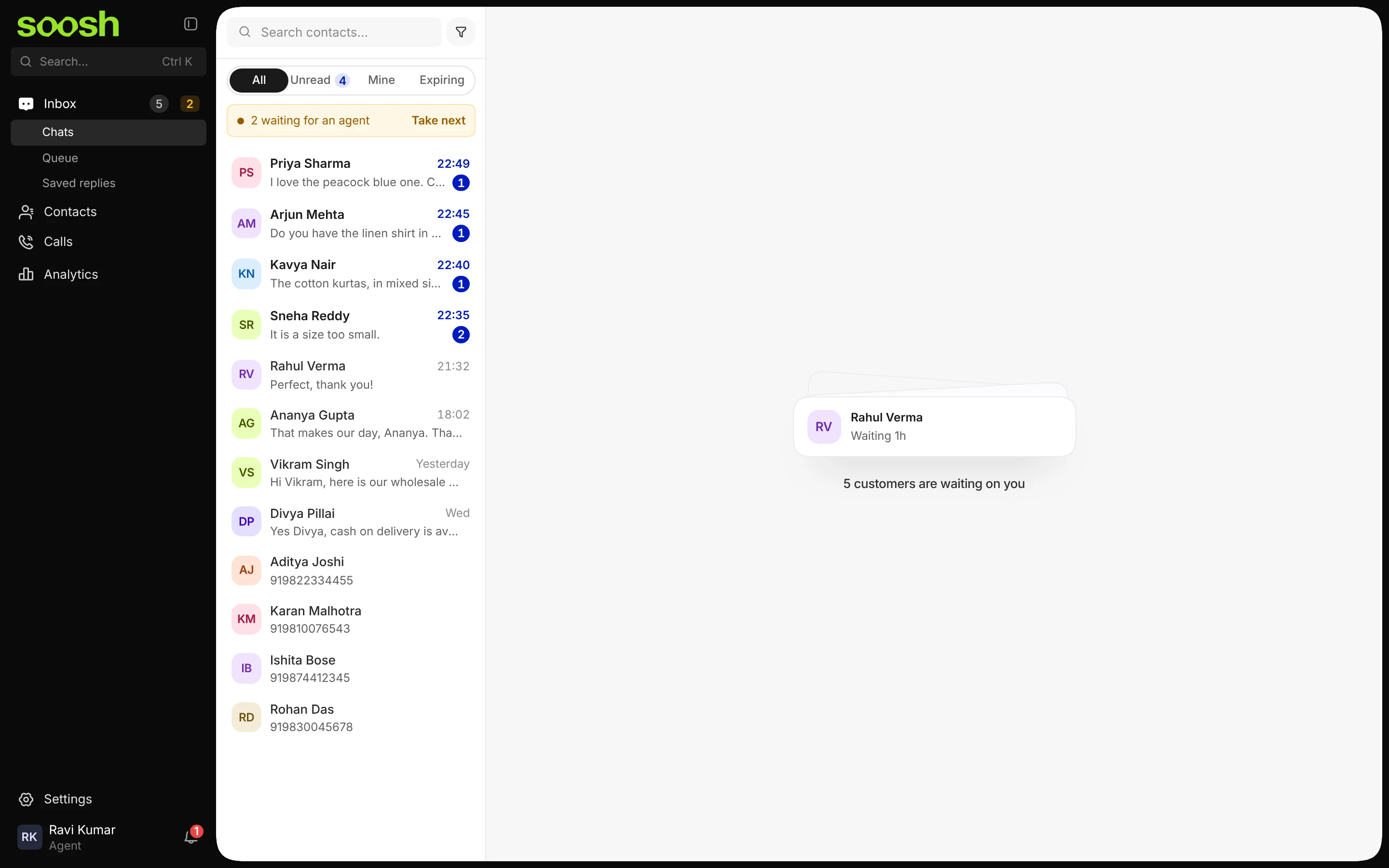 The Soosh inbox: a list of customer chats on the left and Priya Sharma's chat open on the right