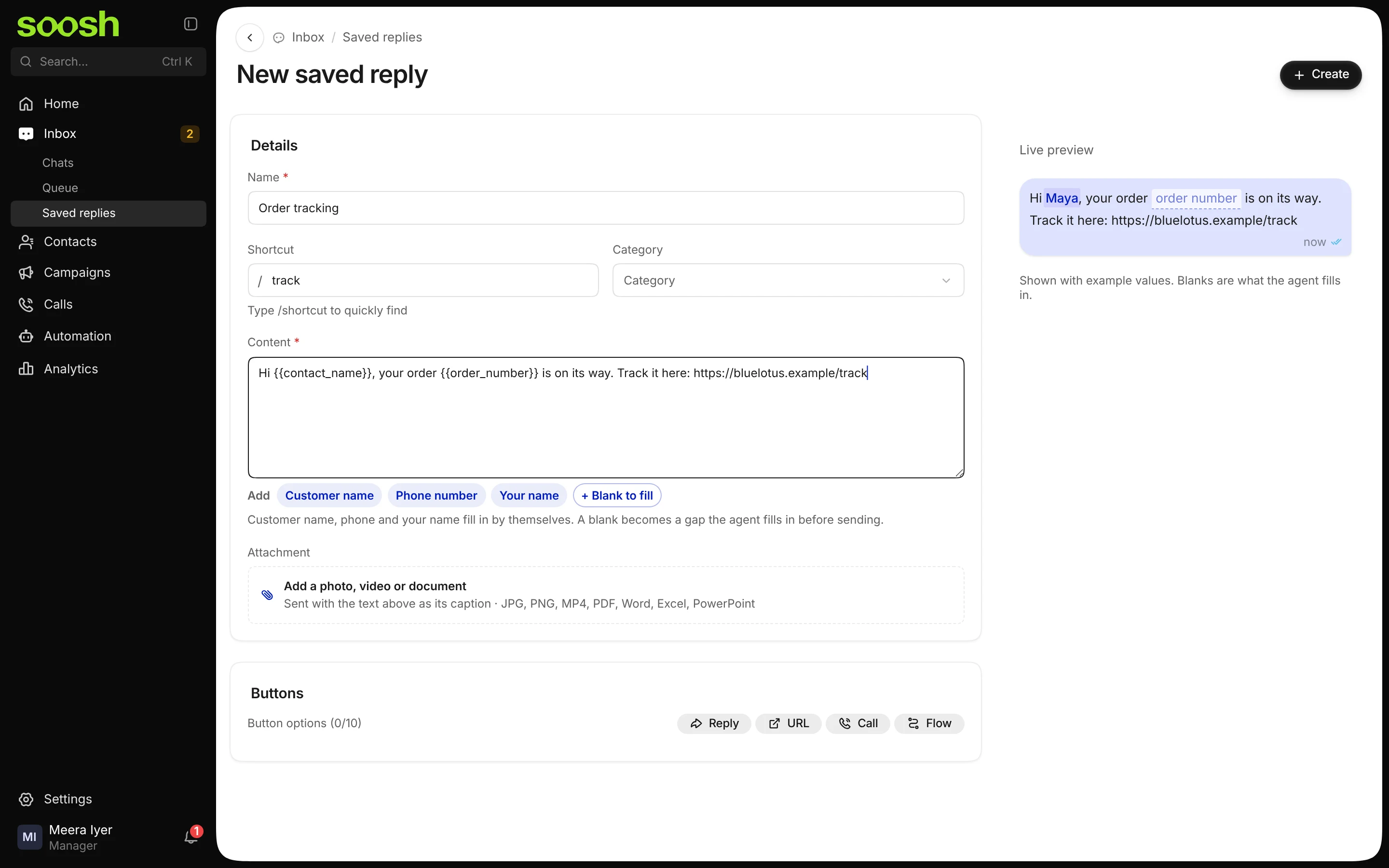 The New saved reply page: the name Order tracking, the shortcut /track, and a message with the customer's name and a blank for the order number, with a live preview