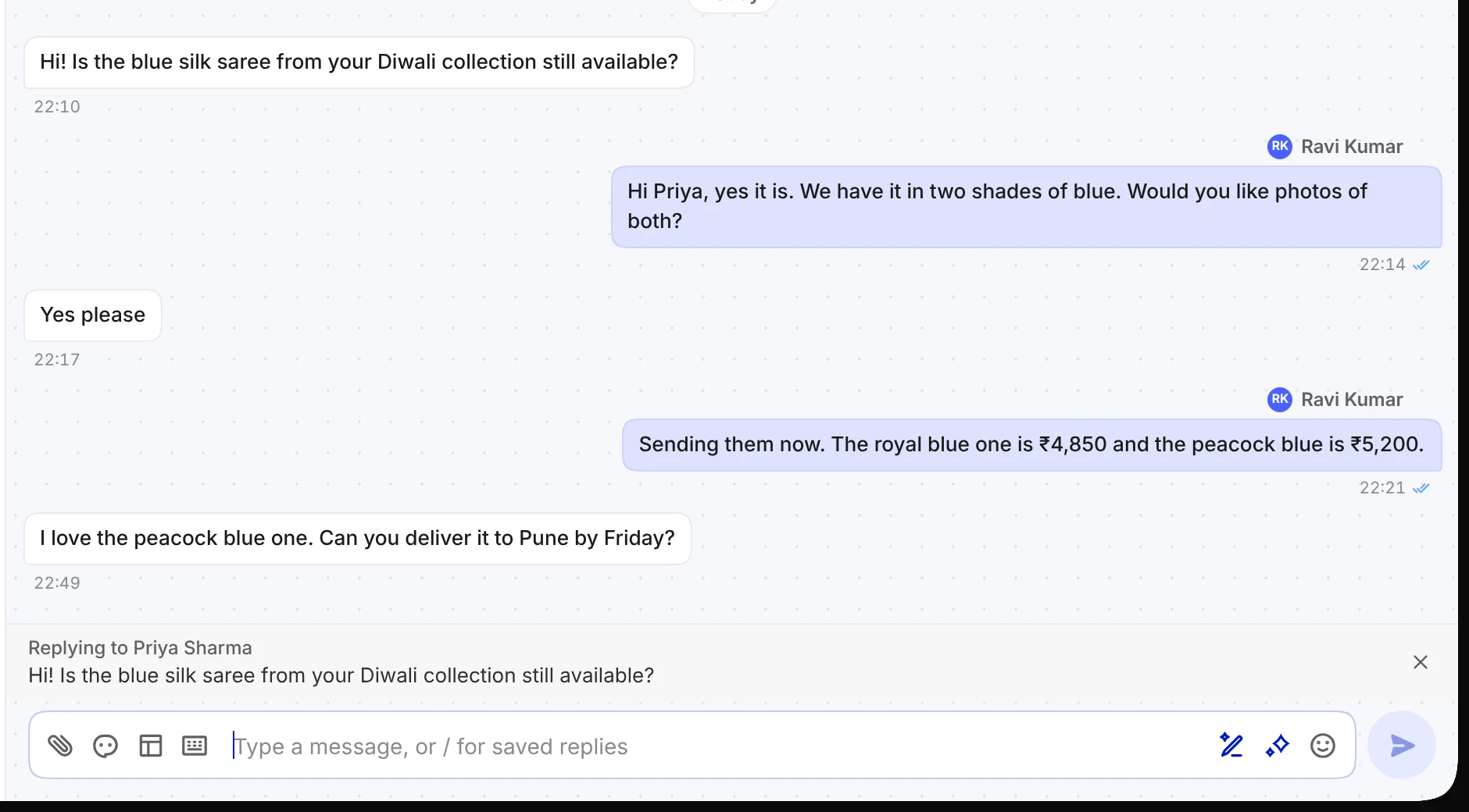 Replying to Priya Sharma, with her question about the blue silk saree quoted above the message box