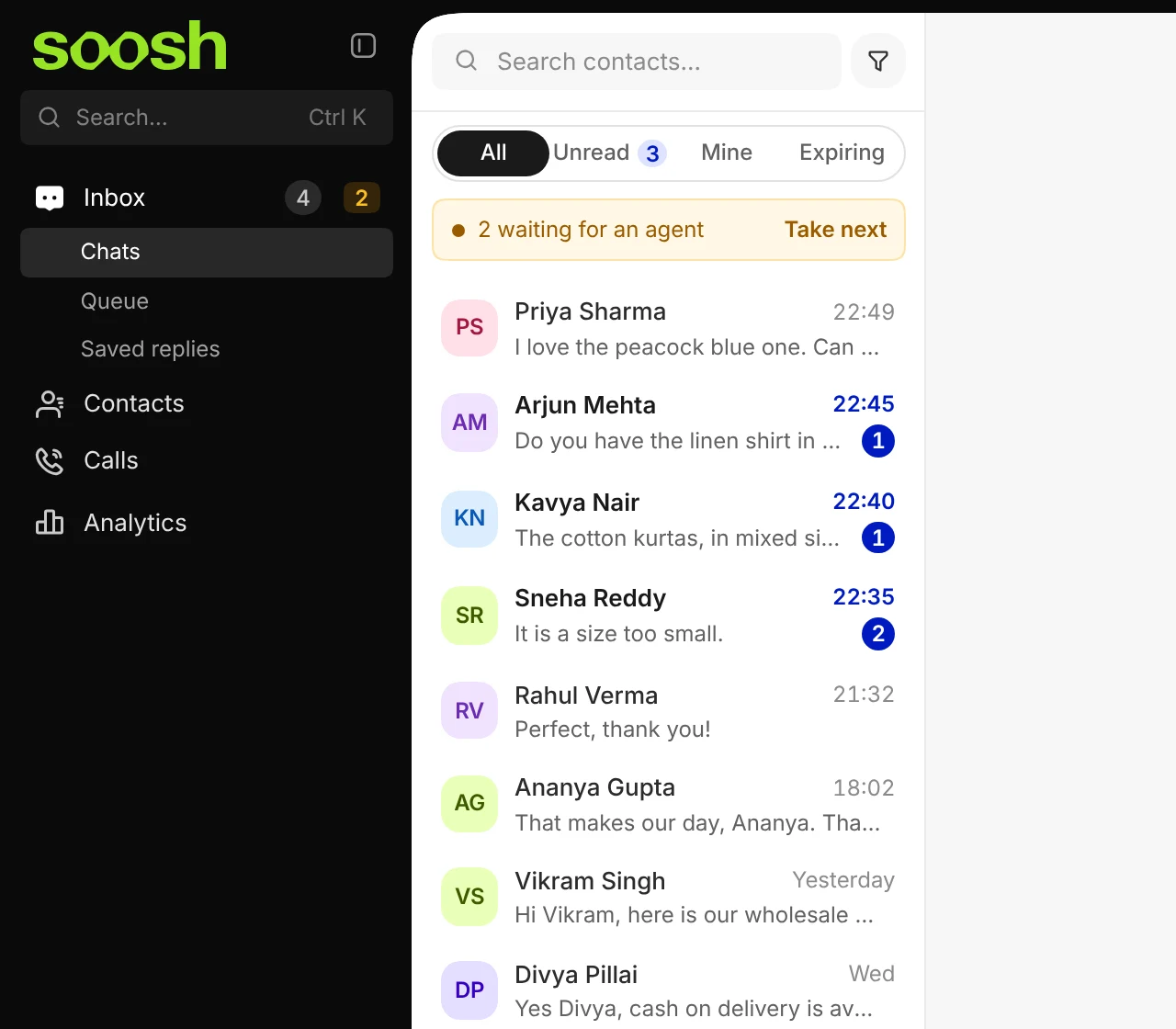 The chat list with a yellow bar saying 2 waiting for an agent and a Take next button
