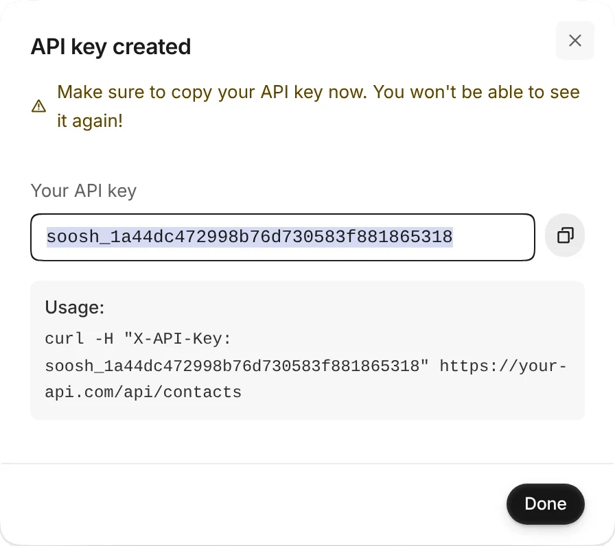 The API key created window, showing a key that starts with soosh_ and a copy button
