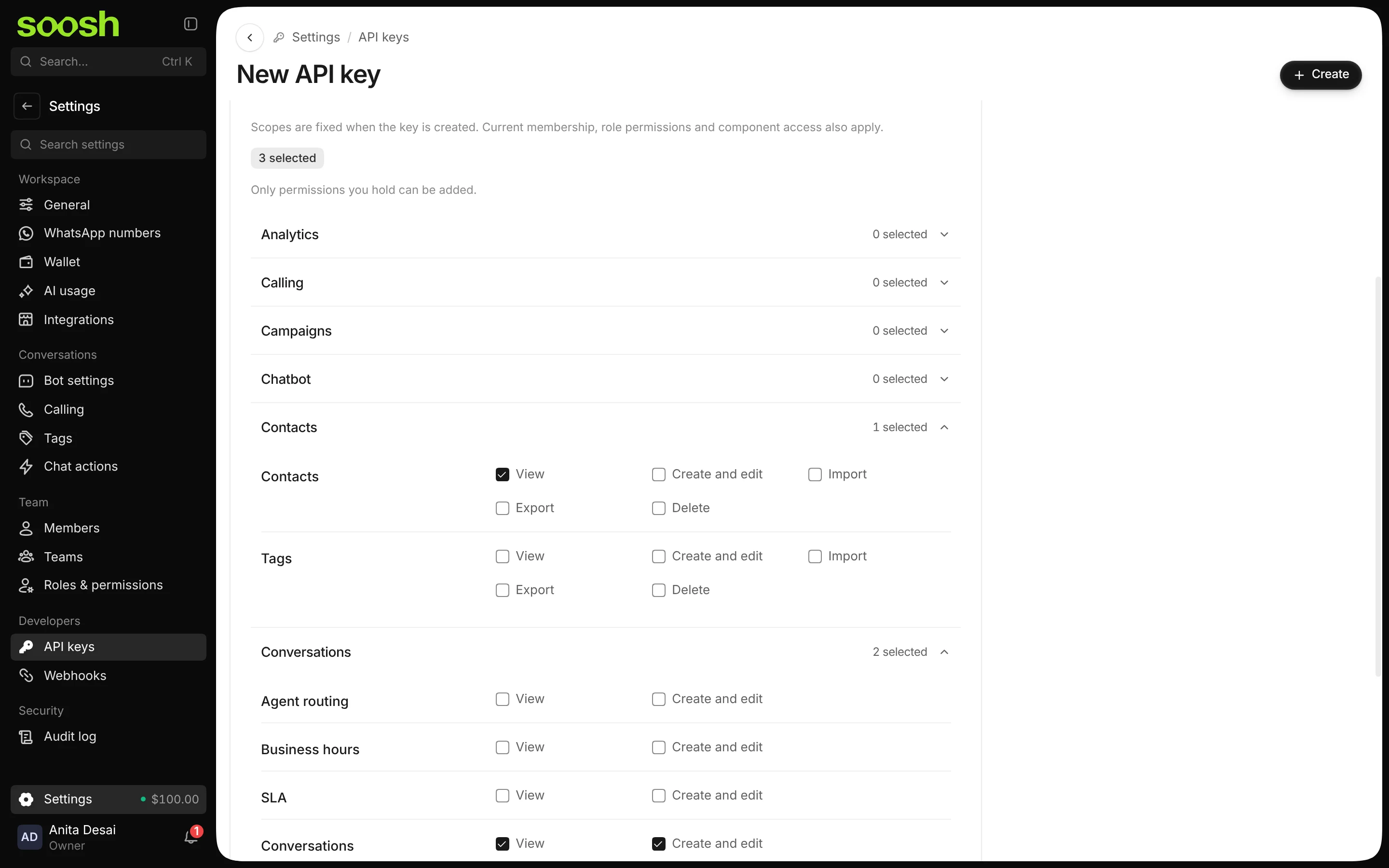 The New API key page with three scopes ticked: Contacts View, and Conversations View and Create and edit