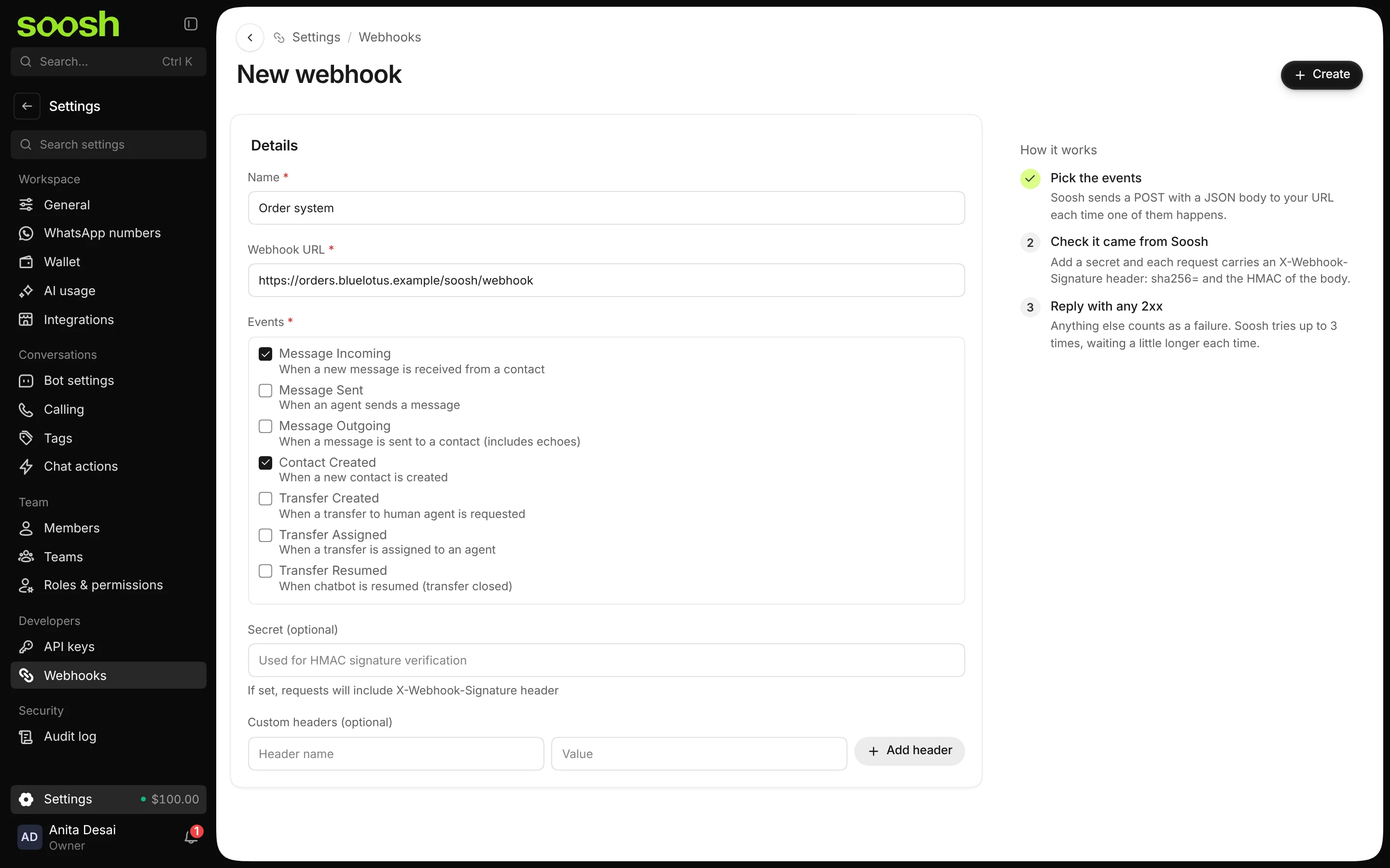 The New webhook page with the name Order system, the URL, and Message Incoming and Contact Created ticked under Events