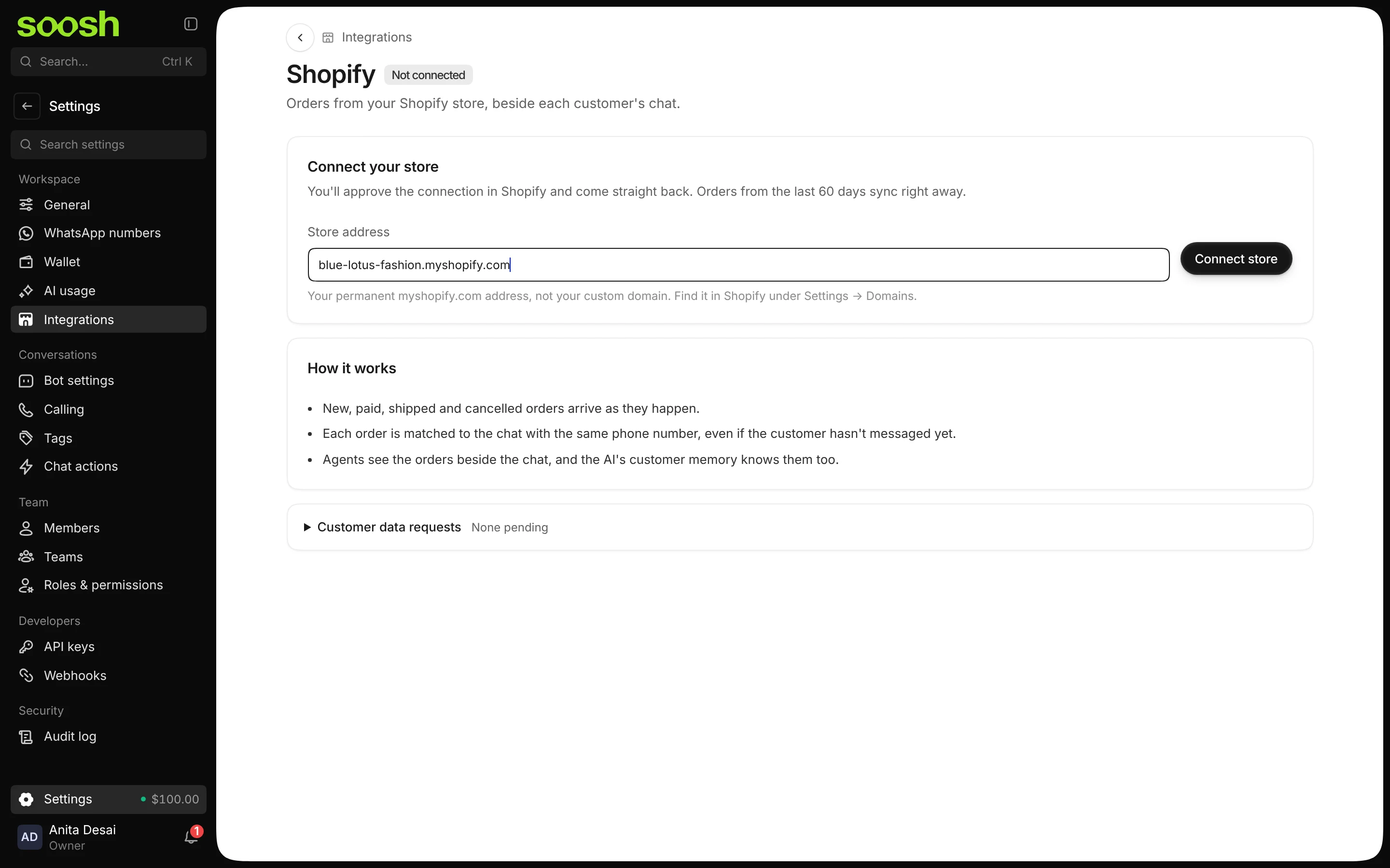The Shopify page with the store address blue-lotus-fashion.myshopify.com entered and the Connect store button