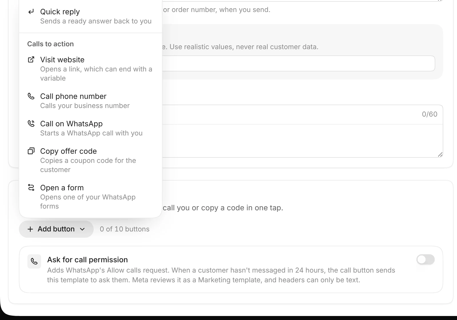 The Add button menu open on a template, listing Quick reply, Visit website, Call phone number, Call on WhatsApp, Copy offer code and Open a form