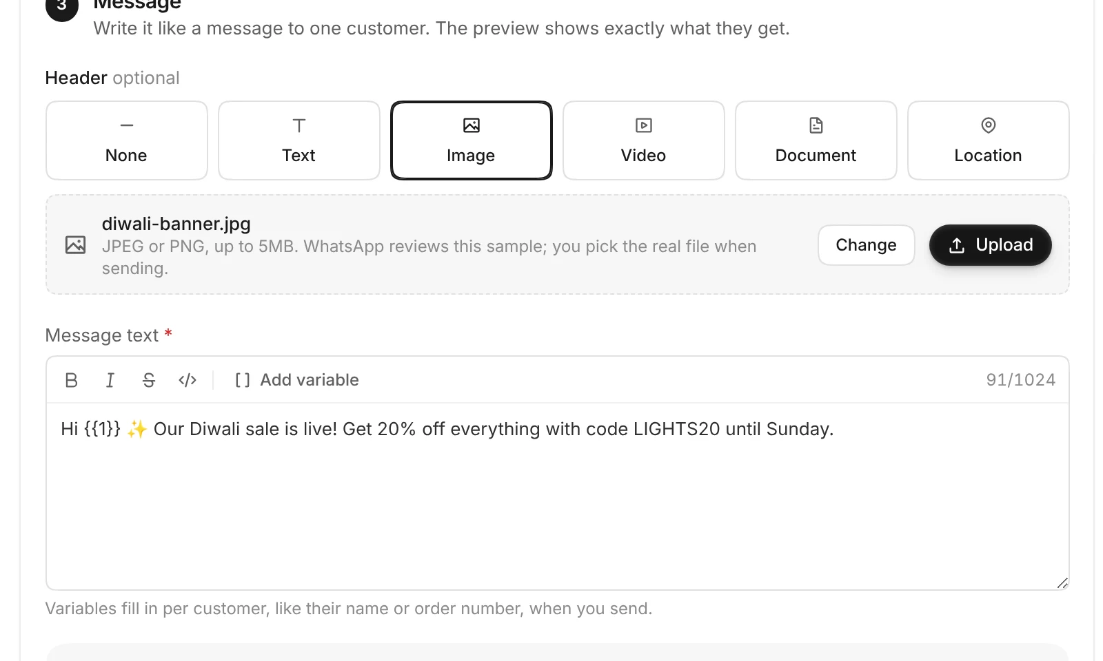 The template's Header set to Image, with the sample diwali-banner.jpg chosen and the Upload button next to it