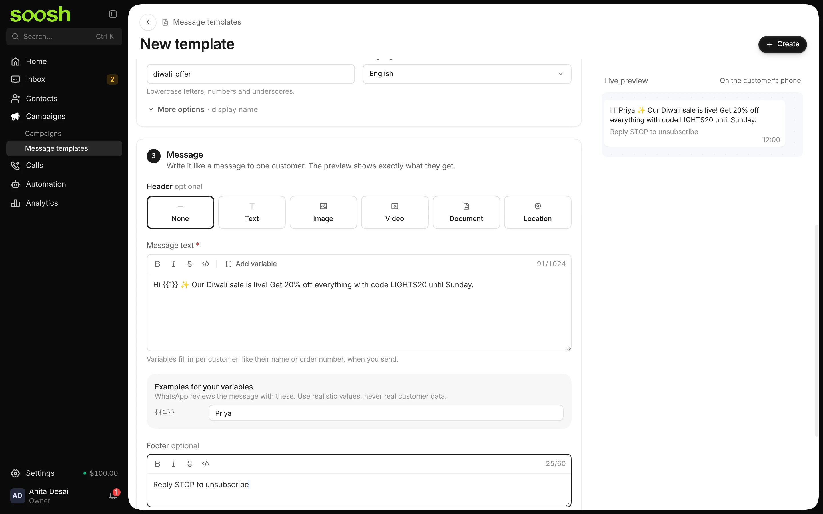 The new template diwali_offer: the message with {{1}} for the name, the example Priya, the footer, and the live preview on the right