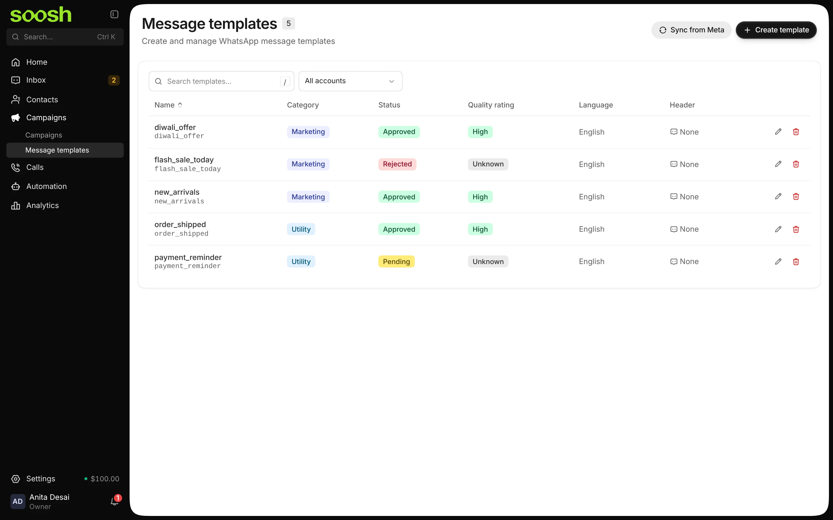 The Message templates list with diwali_offer, new_arrivals and order_shipped Approved, payment_reminder Pending and flash_sale_today Rejected