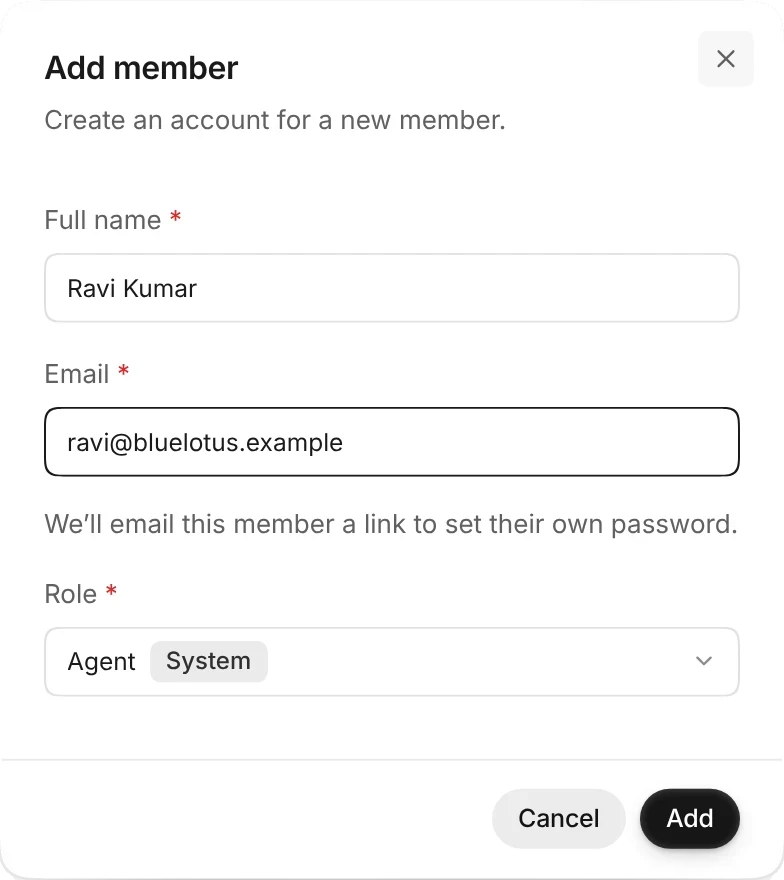 The Add member window with Ravi Kumar's name and email filled in and the role Agent chosen