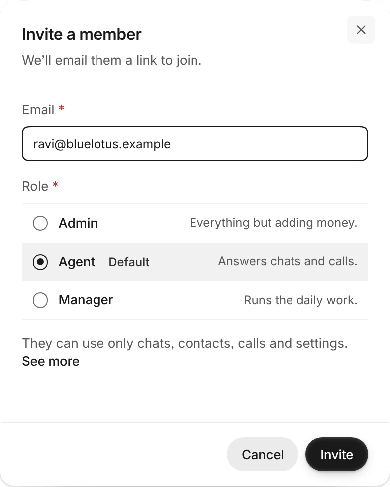 The Invite a member window with ravi@bluelotus.example entered and the role Agent chosen