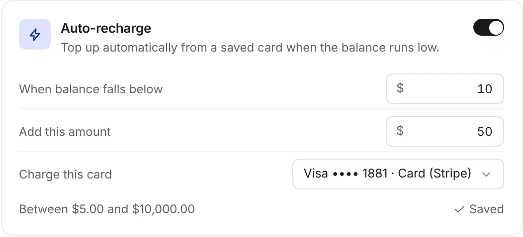 The Auto-recharge card turned on: top up $50 when the balance falls below $10, charged to a Visa card ending 1881, and Saved
