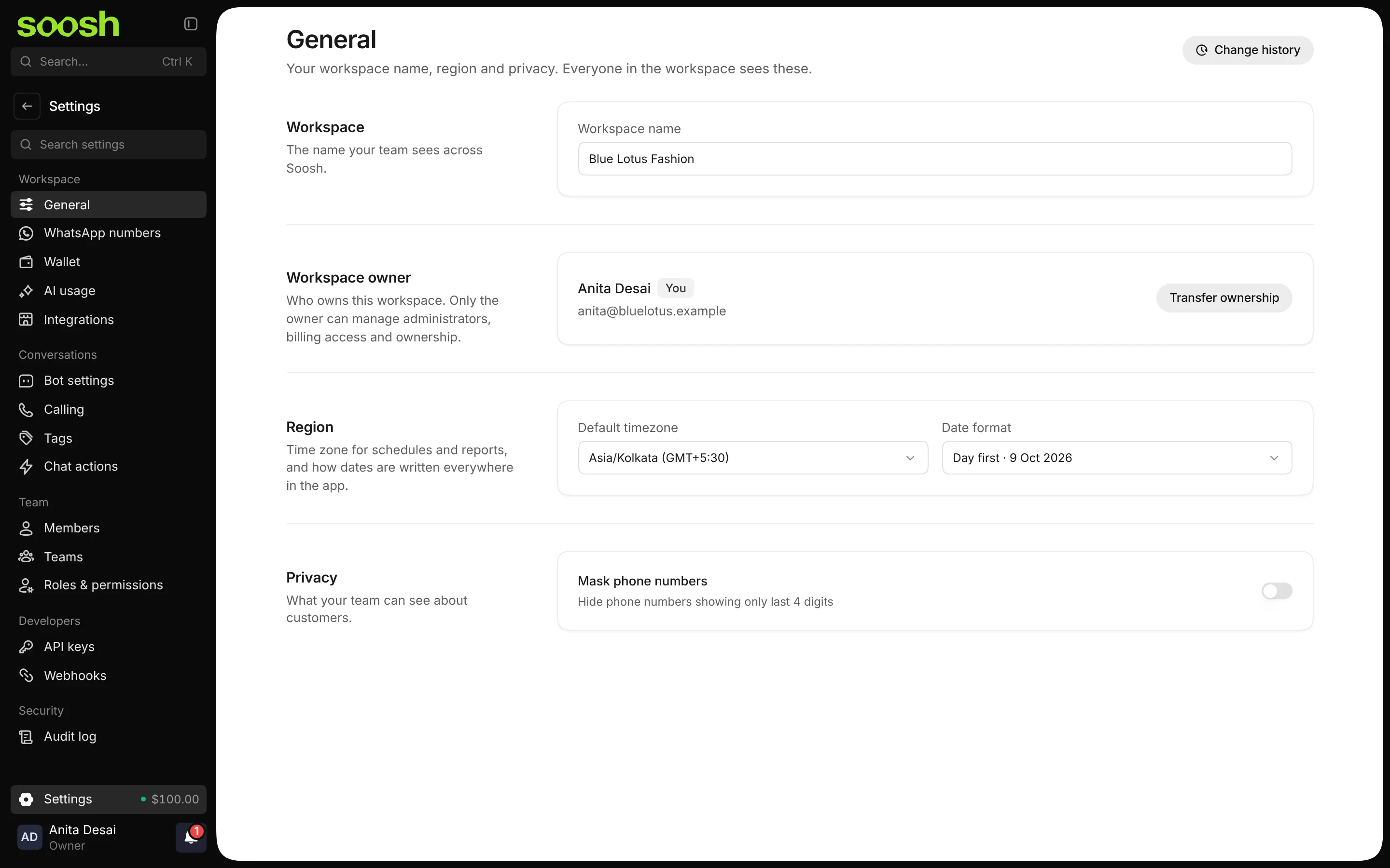 The General settings page with the time zone Asia/Kolkata (GMT+5:30) and the date format Day first, 9 Oct 2026