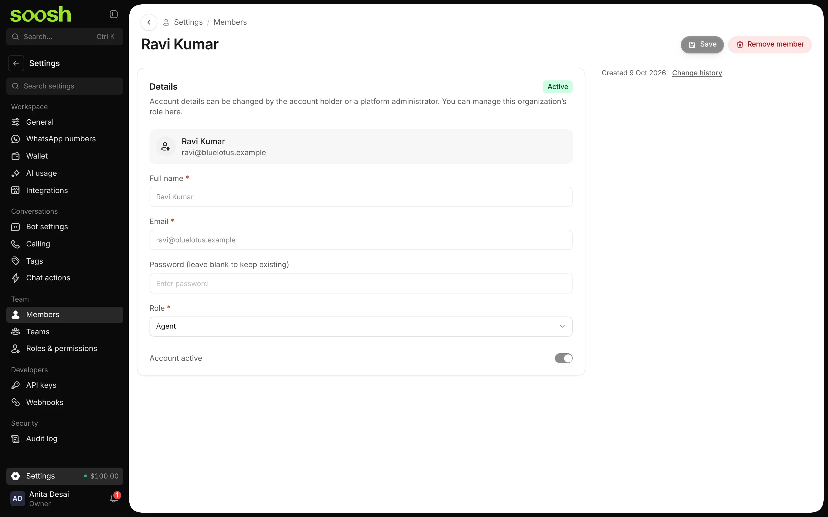 Ravi Kumar's member page with his name, email and the Role field set to Agent, and the Save button at the top