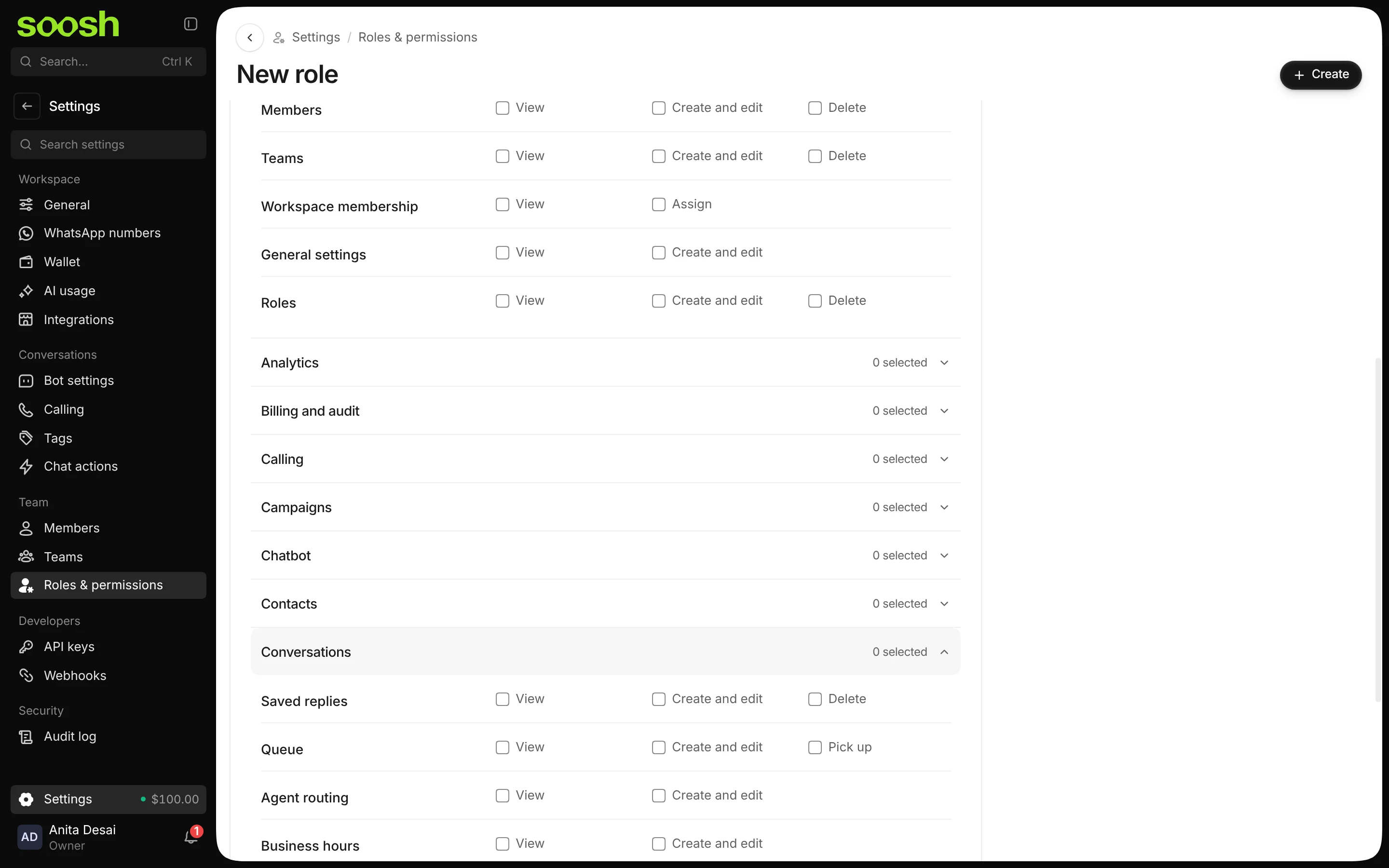 The New role page with the Conversations area open, listing Saved replies, Queue, Agent routing and Business hours with View and Create and edit boxes