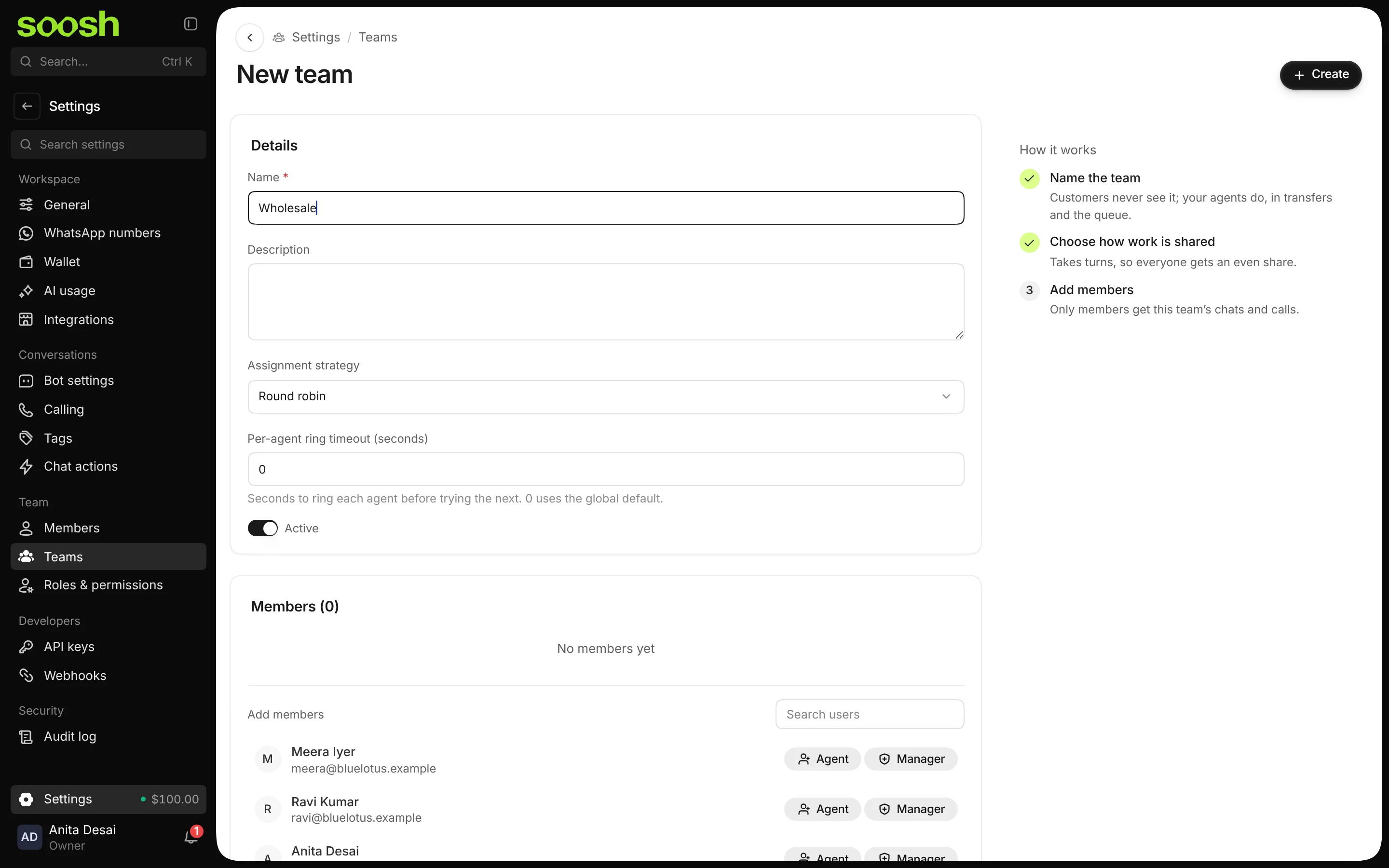 The New team page with the name Wholesale, the assignment strategy Round robin, and the list of people to add