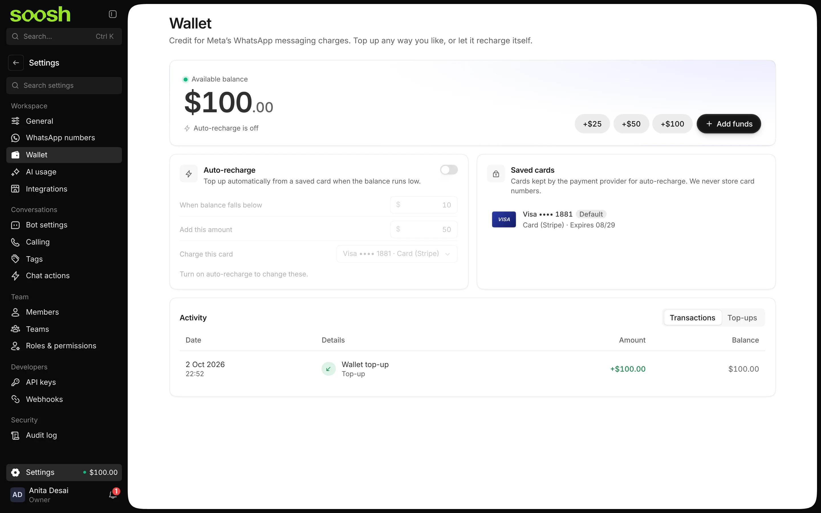 The Wallet page with a $100.00 balance, auto-recharge off, a saved Visa card, and one wallet top-up in Activity